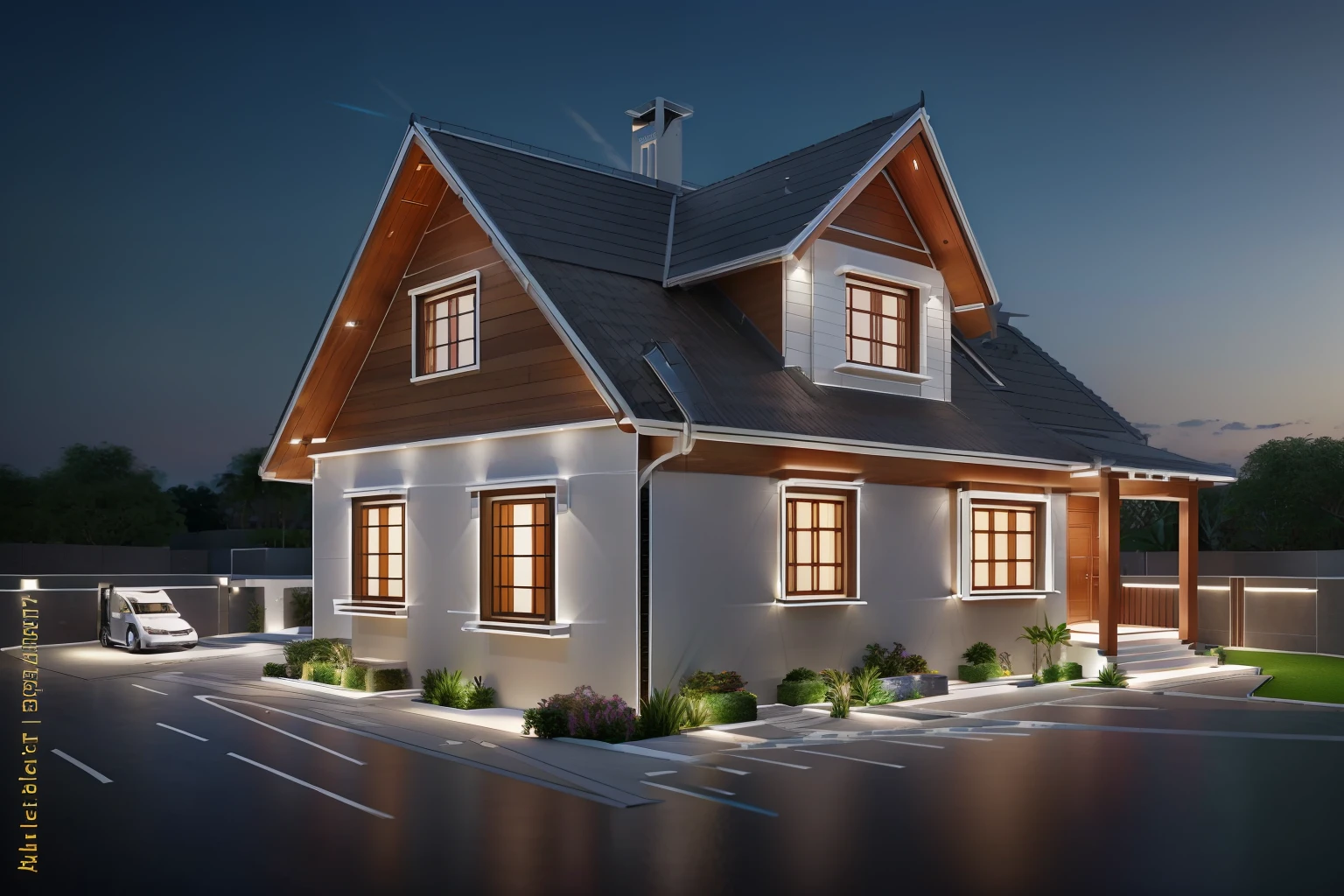 a small house with slope roof, (((The layout of the house follows the sketch:1.4))) (brightenness:1.3), (morden:1.3)), (road:1.3), large space infront of, detail flower front perspective, frontview, perspective view, wide frontal view, front view, front-view, rendering, elevation view, front elevation view, all white render, sketch - up, frontal view, symmetrical front view, front facing view, front elevation, 3/4 front view, front side view,"A picture showcasing a captivating modern villa, featuring an expansive and well-ventilated yard adorned with vibrant flowers and flourishing trees."(RAW photo), highest quality, (masterpiece:1.2), High detail RAW color photo,  extremely detailed CG unity 8k wallpaper, (photo realism:1.4), (highres),  hyperdetailed, (photorealistic:1.2), (best quality:1.3),perfect anatomy,  (exterior), model villa, super realistic , 32k