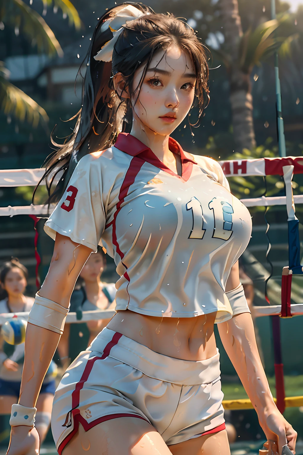 Masterpiece: 1.2, Best Quality), Realism, (Real Pictures, Intricate Details, Depth of Field), (1girl, Solo), Fair Skin, Delicate, Lee Ji-eun IU, Lips Apart, High Detail, Perfect Face, (Huge Tits, Thin Waist, Ponytail, (Girl Playing Volleyball, White Volleyball Uniform, Shorts), (Sweat: 1), (Wet)