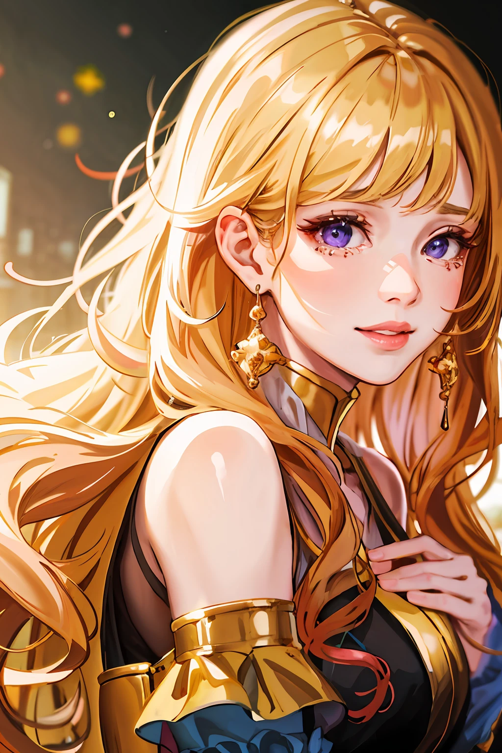 (highres, best quality:1.2), radiance, soft contours, beautiful drawing, 1girl, cowboy shot, (soft focus:1.5) on the Foreground, (Bokeh-filled Foreground:1.2), Shallow Depth of Field, Delicate Blur, Subtle Transitions, Depth and Atmosphere, masterpiece,ultra realistic,32k,extremely detailed CG unity 8k wallpaper, best quality, princess, curly locks, glitter of gold, silk dress, smile, drops of tears, violet eyes, fire in eyeball