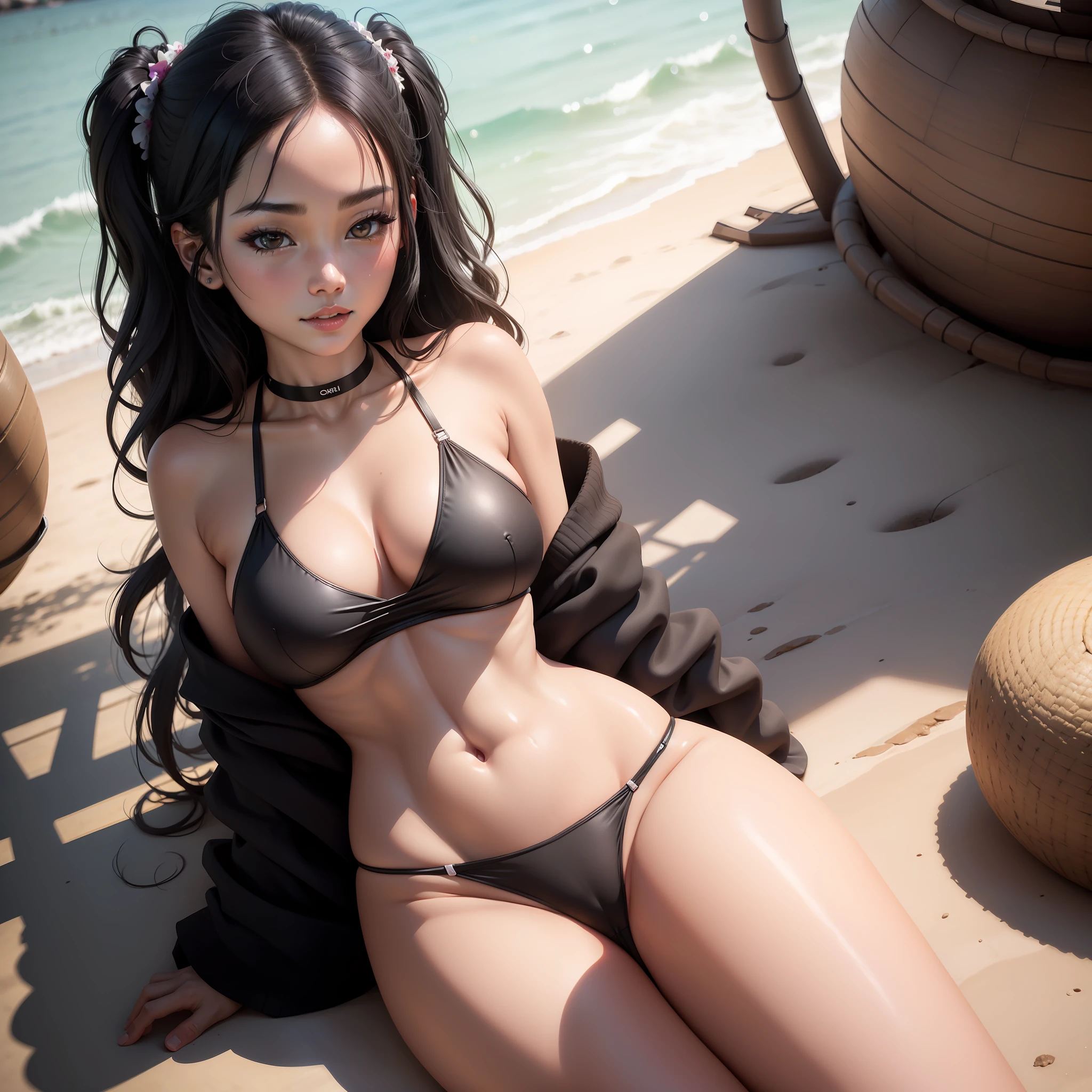 Koreana, guapa, sonriente, black swimsuit, hilo dental, nalgas medianas, tonificadas,  piernas gruesas, cuerpo liso, humid,  sudada, 8k hdr, formato png, pezones visibles, de frente, vagina marcada, braga rota, sudada, cuerpo completo,  1 chica.