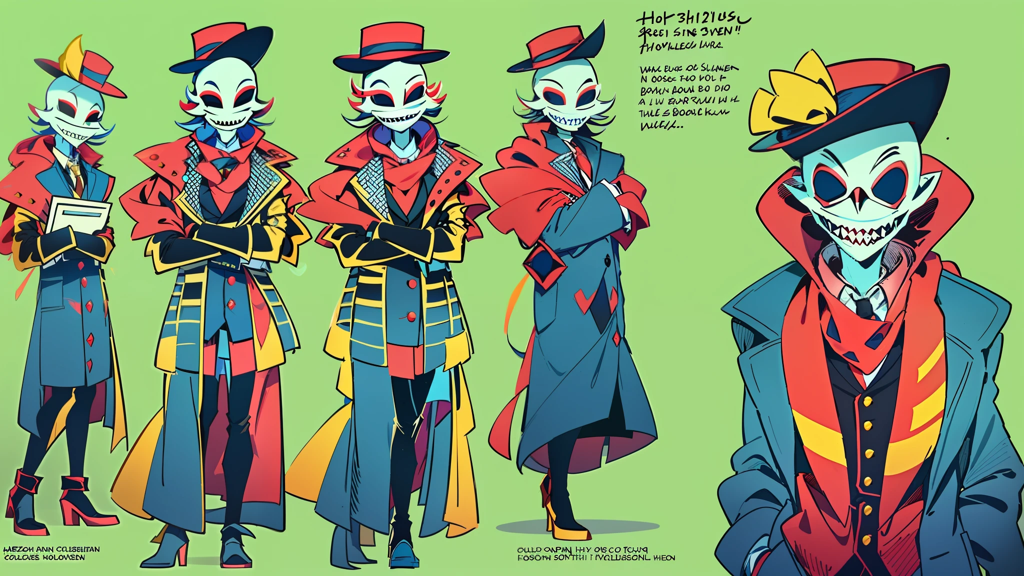 A guy who has no face, no eyes or nose, but has a mouth full of sharp teeth, he wears a blue overcoat, yellow fedora and a red scarf around his neck. Helluva boss Style, Hazbin hotel Style, his skin is flourescent blue.