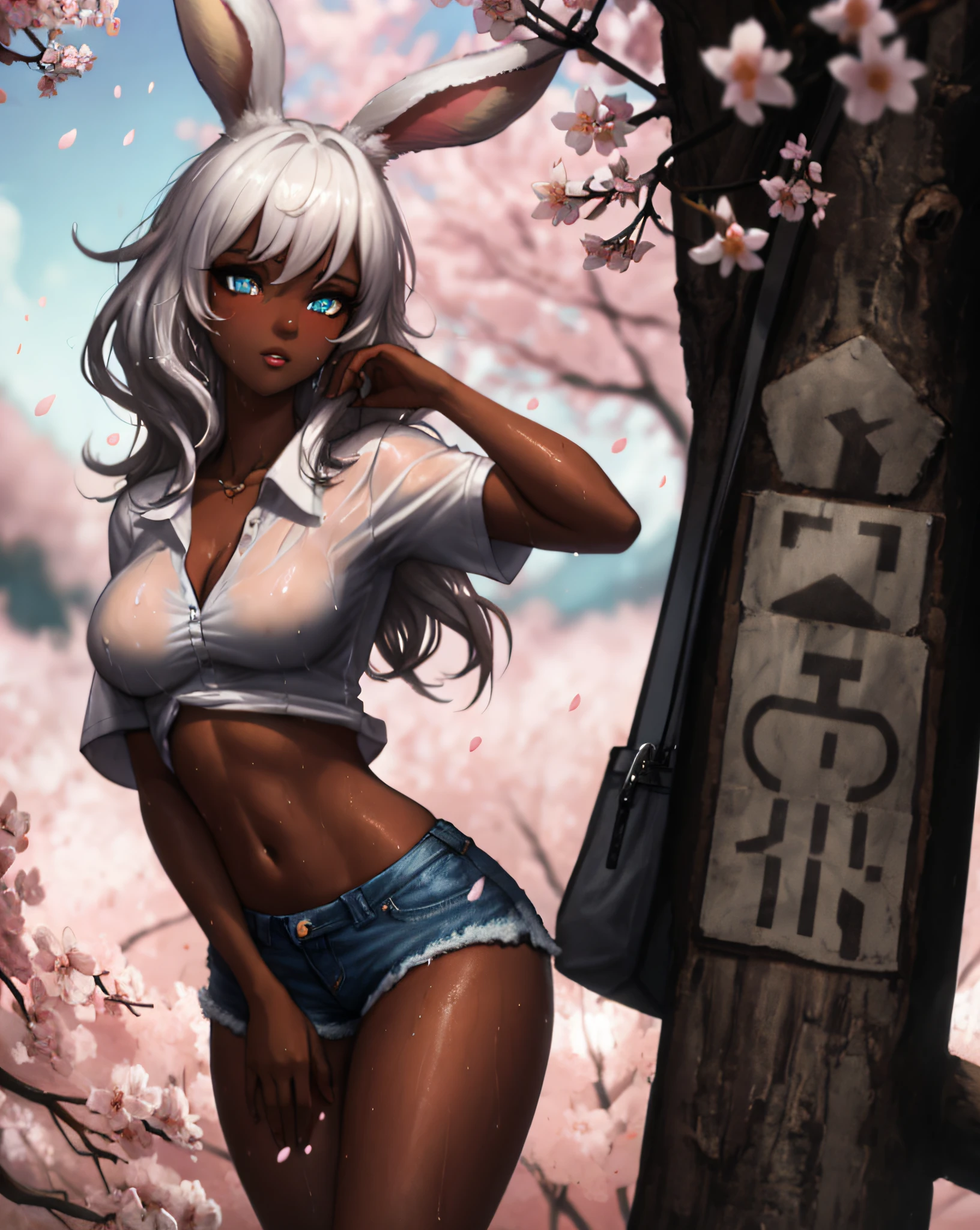 1girl, (, viera:1.1), bunny ears, (dark skin tone:1.1), bunny girl, white hair, detailed eyes, (looking at viewer:1.2), parted lips, (erotic posture:1.3), wearing shirt white tight and ripped short denim shorts, (in sakura warm spring, outdoors:1.1), anthropomorphic, dripping, wet, stylized portrait, dark fantasy, by greg rutkowski, trends in detailed artstation, award-winning illustration, hd, 4k, artwork digital, highly detailed, cinematic lighting, vibrant colors, in the style of noah bradley, Beksinski, (floating petals: 1.1)l