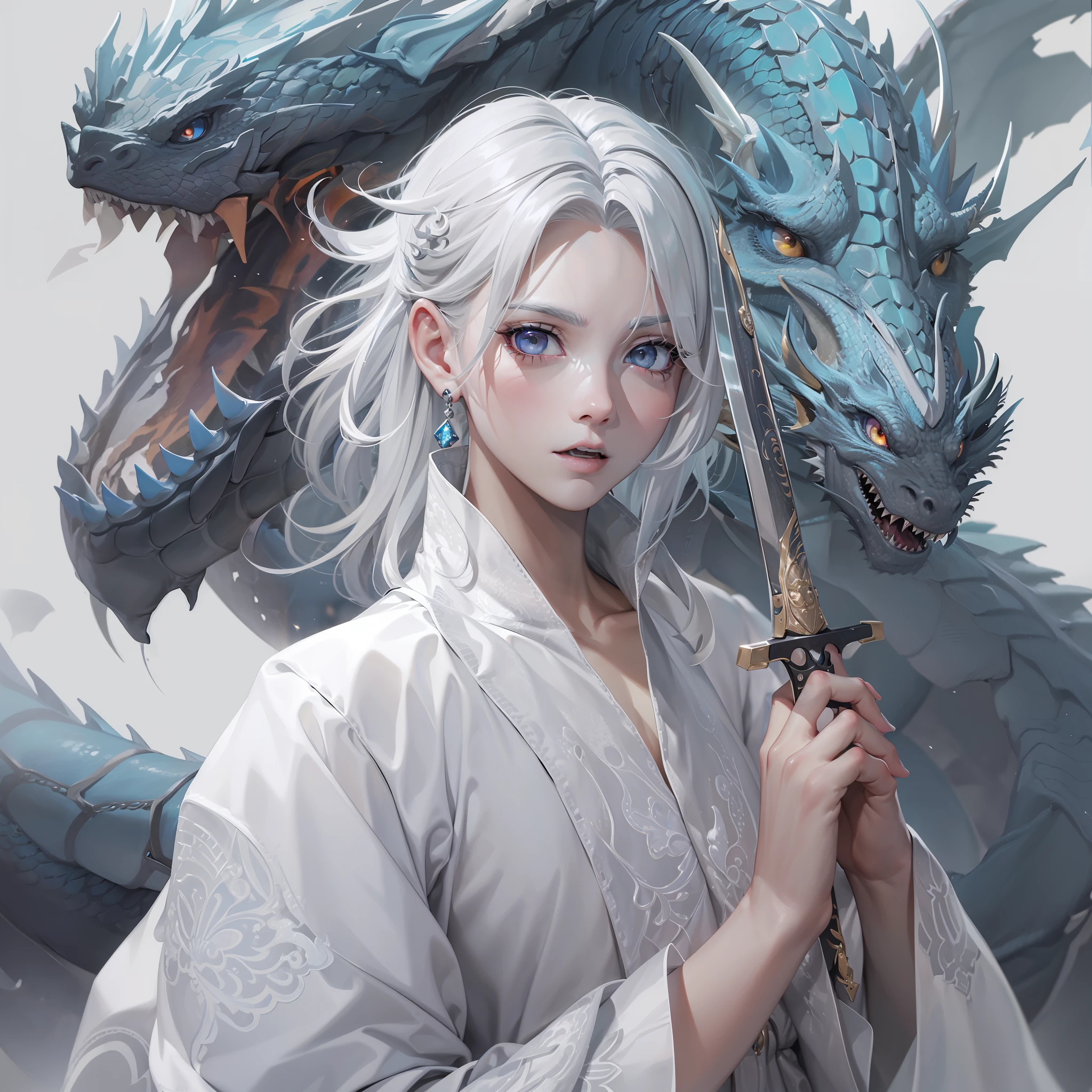 Pose,Beautiful face with white skin、On the belly, black narrow eyes, white hair, Sword, Manteau blanc, blue flames,(((Grey Smoke Dragon))), Neat face, Neat face, a small face, depth of fields, good quality, High quality, High Definition, High resolution, aggressive, 8 Life - Size, Perfect Anatomy, foco nítido, 4K resolution, Golden ratio, (((Correct fingers))), Correct fingers, Clean fingers, Clean nails, Beautiful hands, Correct anatomy, 4K, 8K、(((Five Fingers)))