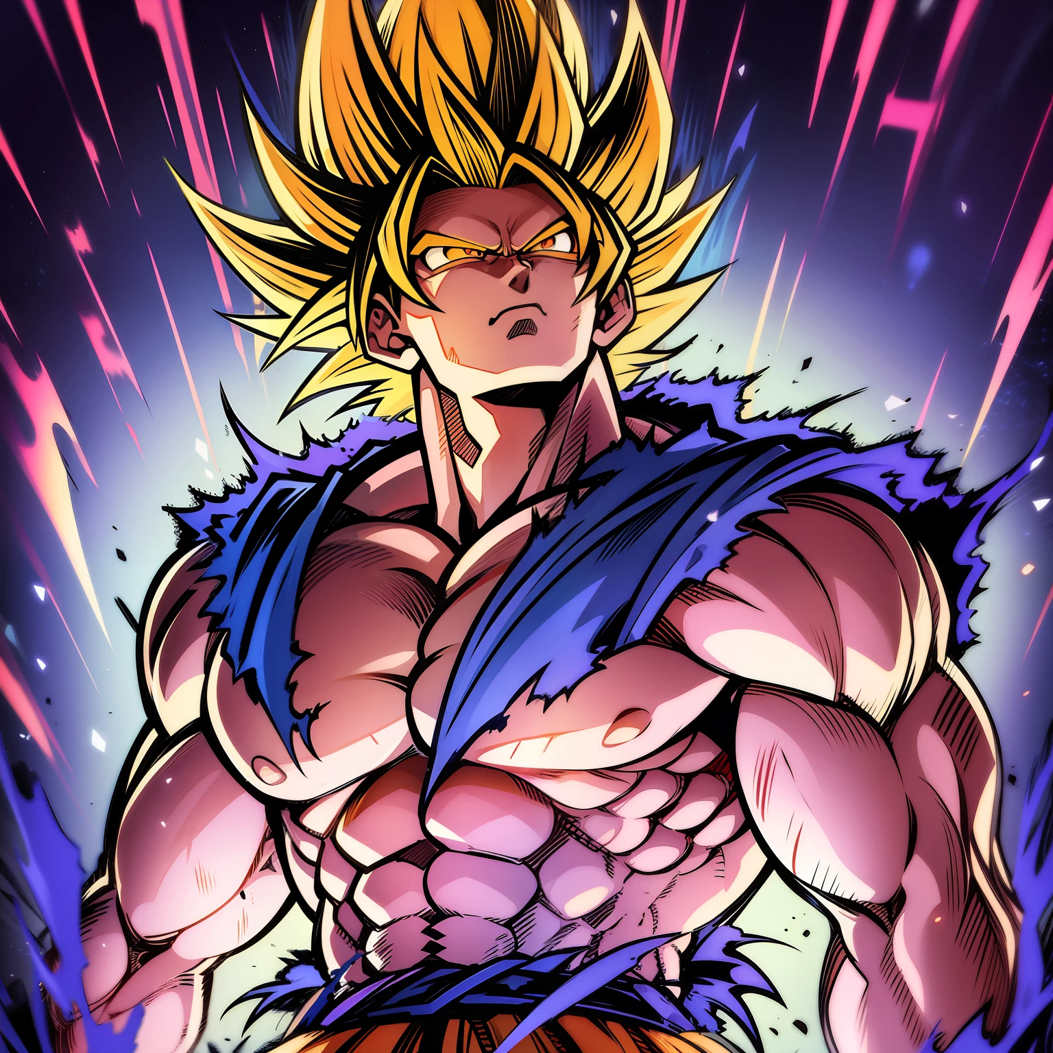 Son goku super sayajin looking up, serious face. aura of power. Muscles. soft light. digital art. traces of 90's anime. Torn clothes.