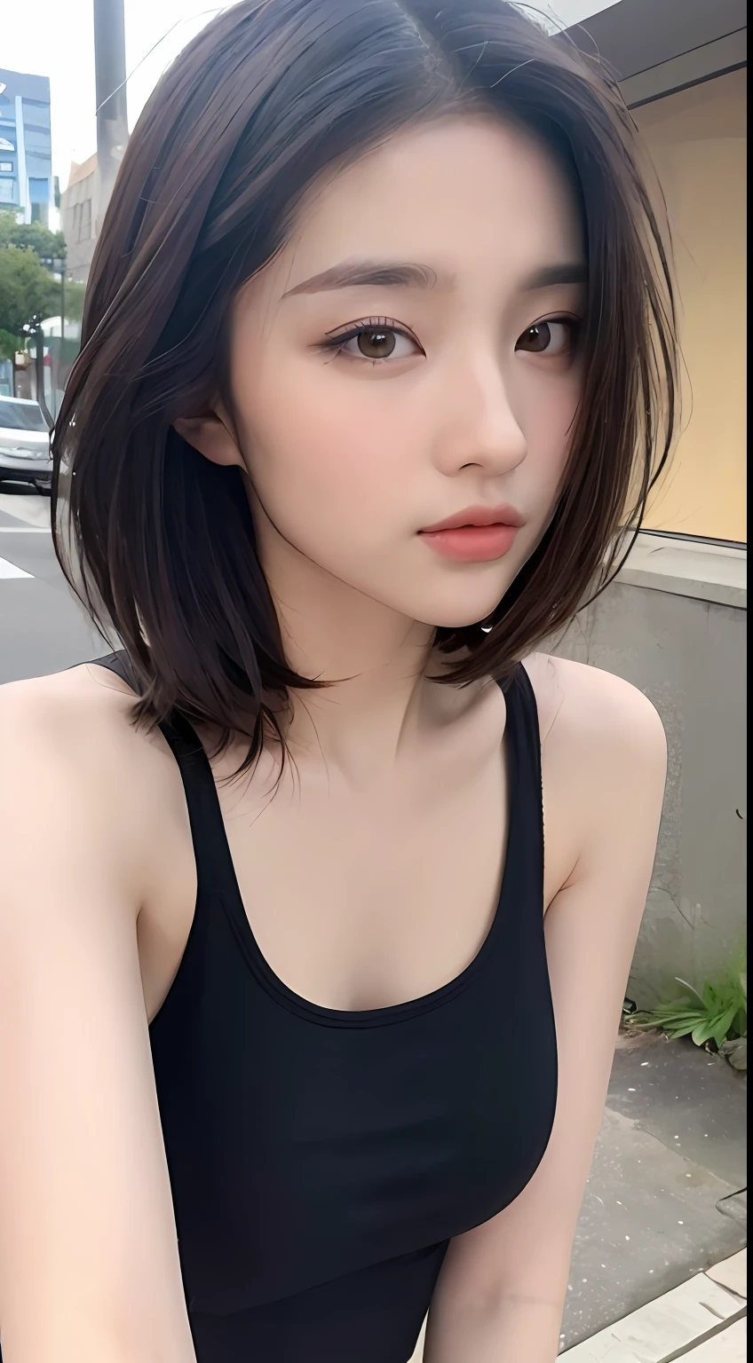 ((Best quality, 8k, Masterpiece :1.3)), Sharp focus: 1.2, Perfect Body Beauty: 1.4, Slim Abs: 1.2, ((Layered hairstyle: 1.2)), (Tank top shirt:1.1), (Street: 1.2), Highly detailed face and skin texture, Fine eyes, Double eyelids