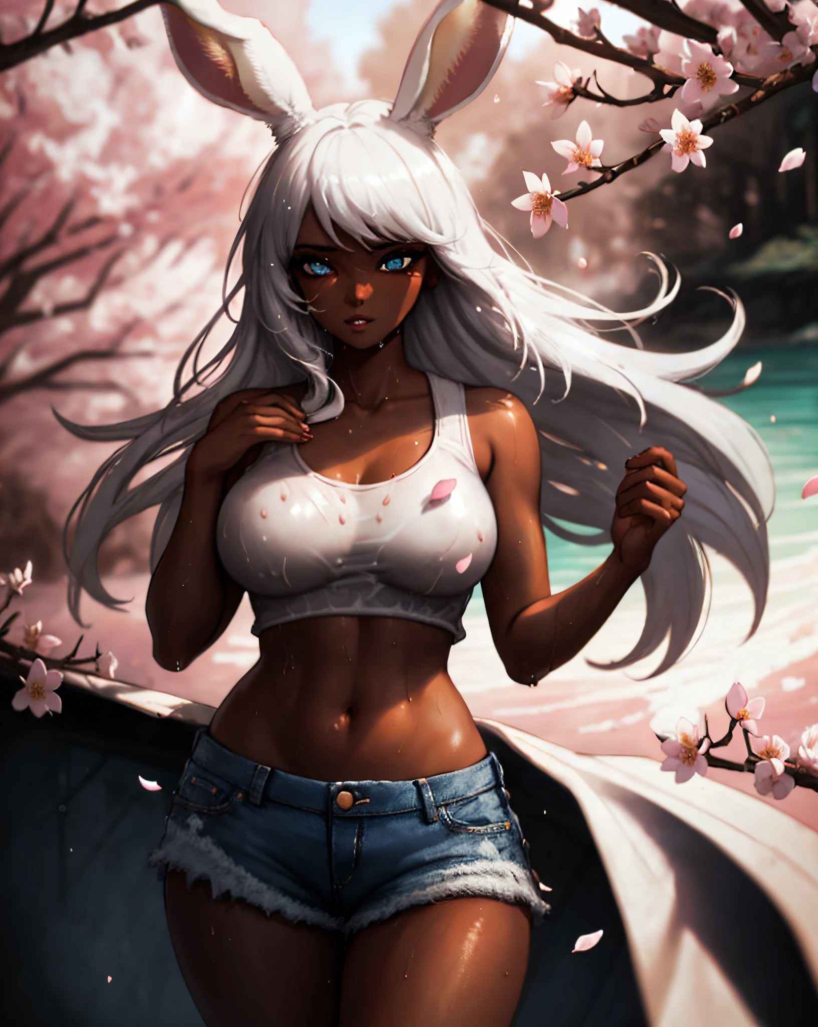 1girl, (, viera:1.1), bunny ears, (dark skin tone:1.1), bunny girl, white hair, detailed eyes, (looking at viewer:1.2), parted lips, (erotic posture:1.3), wearing shirt white tight and ripped short denim shorts, (in sakura warm spring, outdoors:1.1), anthropomorphic, dripping, wet, stylized portrait, dark fantasy, by greg rutkowski, trends in detailed artstation, award-winning illustration, hd, 4k, artwork digital, highly detailed, cinematic lighting, vibrant colors, in the style of noah bradley, Beksinski, (floating petals: 1.1)l