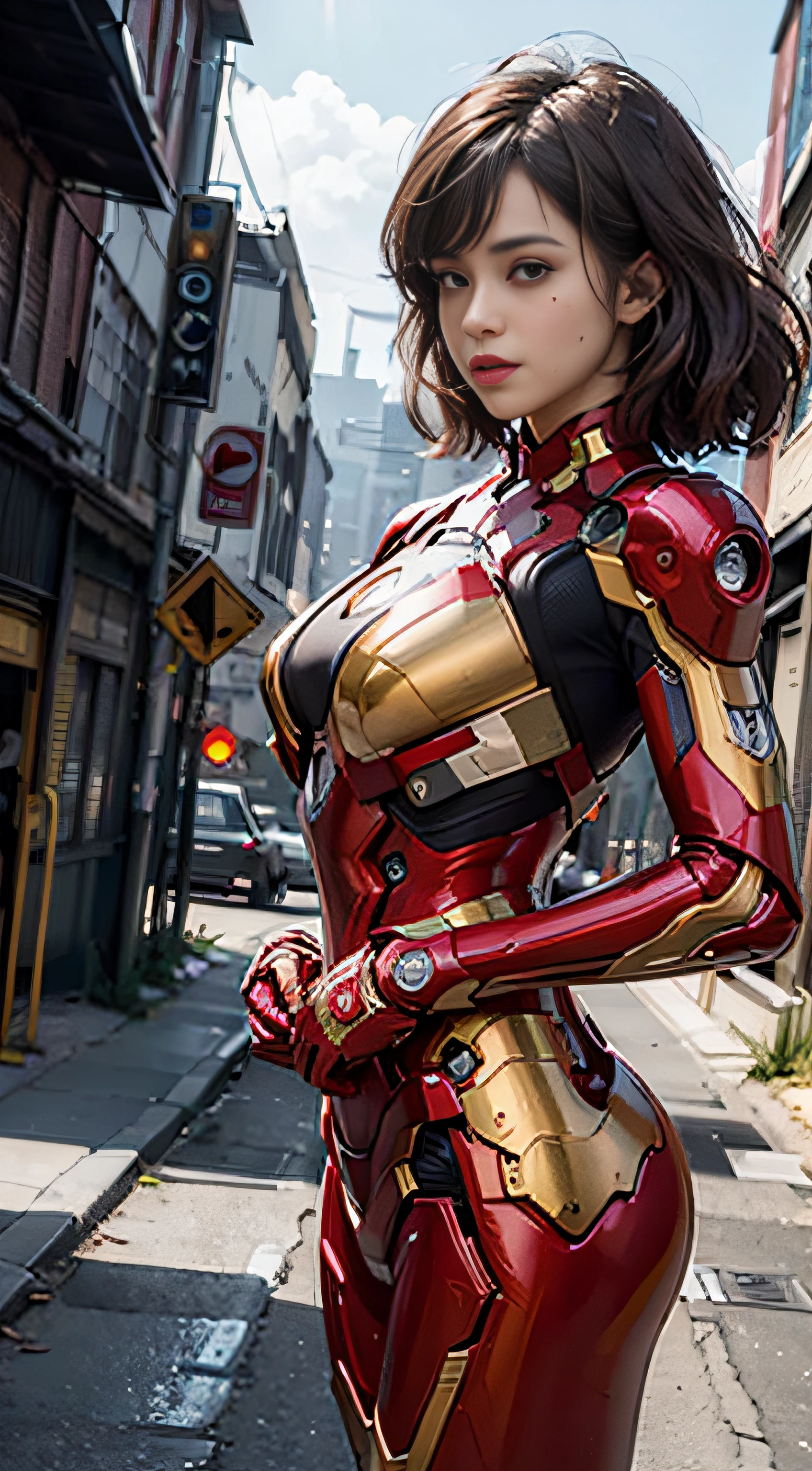 (1girl:1.3), solo,__body-parts__, official art, unity 8k wallpaper, ultra detailed, beautiful and aesthetic, beautiful, masterpiece, best quality, RAW, masterpiece, super fine photo,, best quality, super high Resolution, photorealistic, sunlight, full body portrait, stunningly beautiful,, dynamic pose, delicate face, vibrant eyes, (side view), she is wearing a futuristic Iron Man mech, red and gold, Highly detailed abandoned warehouse background, detailed face, detailed complex busy background, messy, gorgeous, milky, high detailed skin, realistic skin details, visible pores, sharp focus, volumetric fog, 8k uhd, dslr camera, High quality, film grain, fair skin, photorealism, lomography, sprawling metropolis in a futuristic dystopia, view from below, translucent