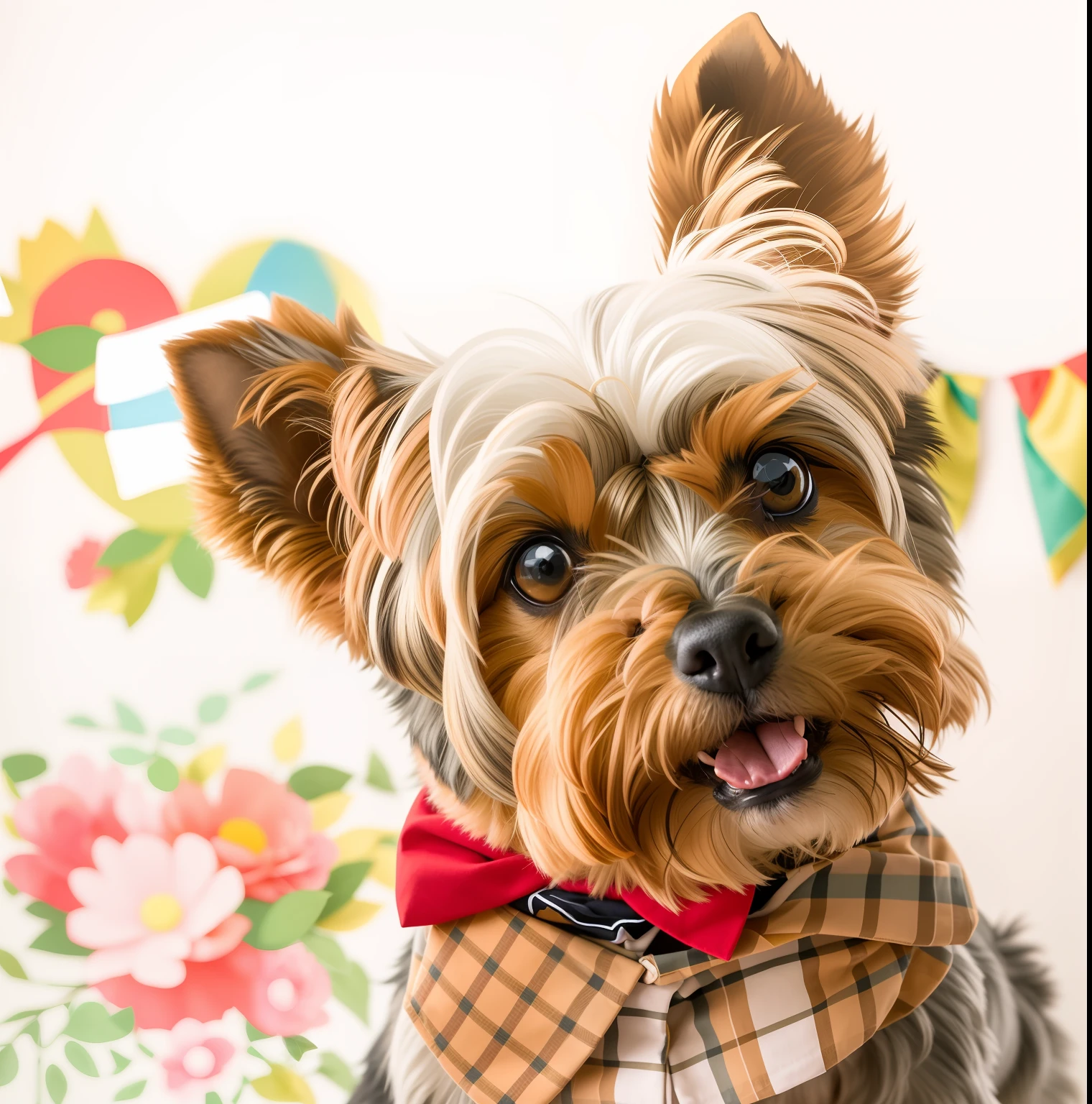 alta resolução, fotorrealista, ultra realista 8k, cinemactic, obra prima, There is a small Yorkshire terrier dog wearing a bow tie and a polo shirt, boy:2, a Sympathetic, aw, Friendly Dog, very Nice, Friendly Dog Kawaii, olhar penetrante, olhar lindo, olhos pretos, he‘s wearing a red neckerchief, papel de parede!, bowtie, retrato!!, Miko, Feliz!!!, Foto retrato, Colo, majo, aw, Nice boy, super adorable