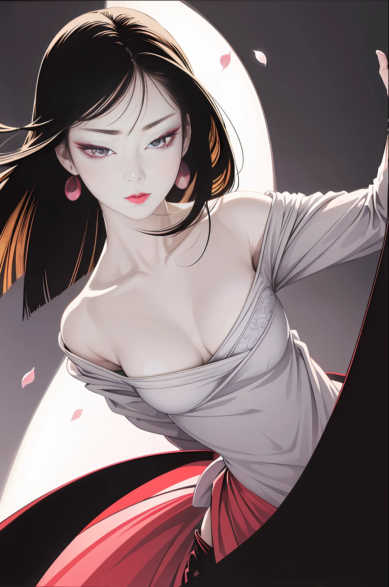 tsuruta ichiro, Narrow-eyed, 1girl in, Allback、deadpan、short-hair、shorth hair、brow、Reluctance、A dark-haired、Tucked Hair Solo, Cowgirl, Onepiece, ((mideum breasts)), Thin slit eyes、Black eyes, Light shines on the eyes、Black hair, gloves, Dress, Luxurious Jewelry, earrings, sharp eye、 elbow groves,Raise your hands and tie your hair back, random color, random color dress, Makeup for long eyes, Slender eyes、lip stick, Complex petal pattern, Rim Light, Back Light, pastel color,Studio Lighting