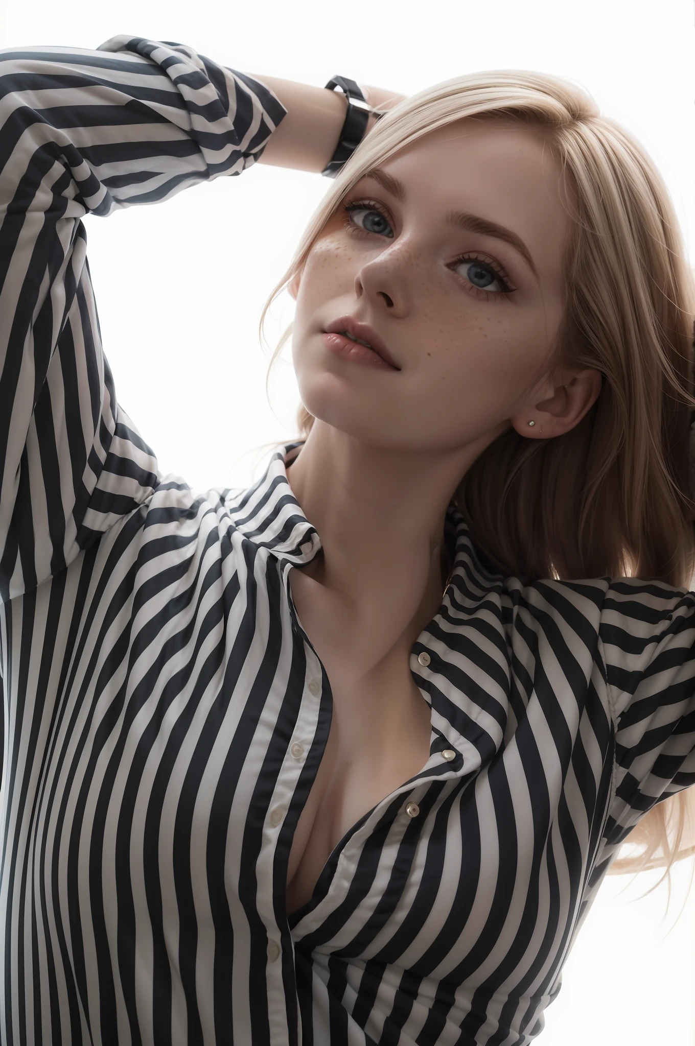 Rosto de uma mulher, americana, 30 anos, pale skin and freckles, olhos cinzas, nariz delicado, soft and delicate lips, cabelo blondie cinza longo e ondulado, ultrarrealista HD fotorrealista altamente renderizado sorriso cativante, foto colorida