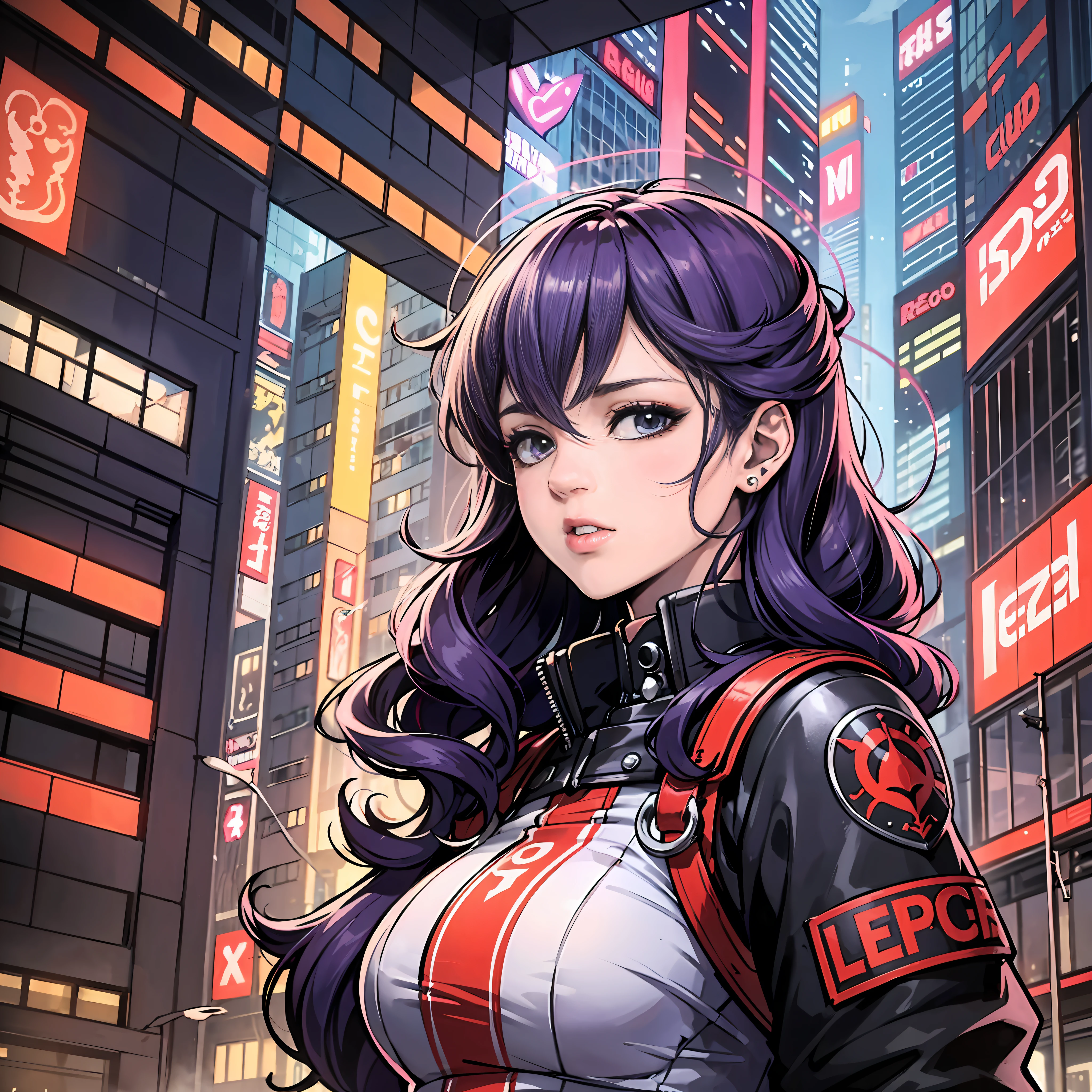 Mundo cyberpunk ,(1garota),cabelos brancos com mechas lilais,roupas de academia pretas ,decotes,casaco roxo grande,seios grandes, retrato,