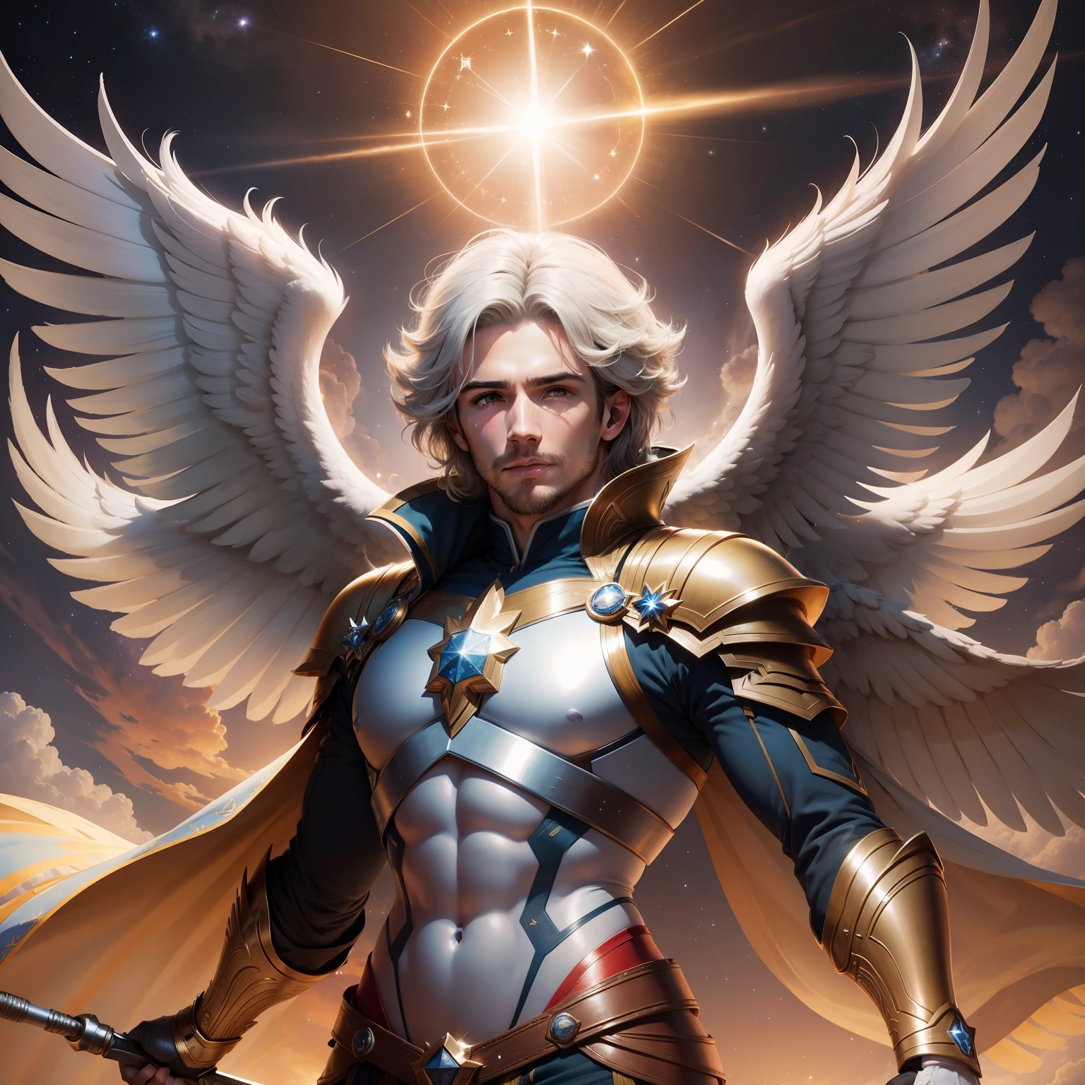 Um anjo masculino em uma nuvem cheia de estrelas e nuvens ao sol, segurando uma espada apontada para a terra e com asas brancas, in high definition.