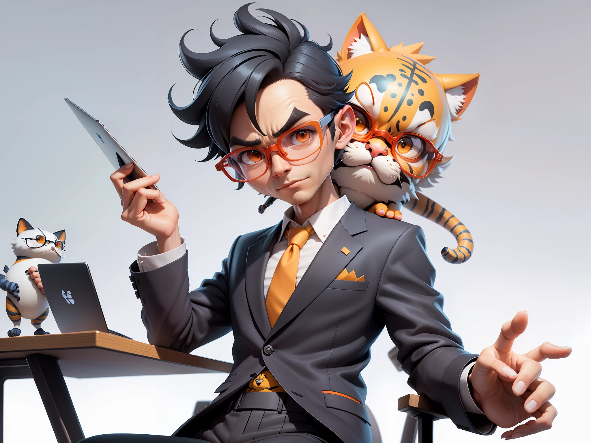 A young man in a suit, Short hair and glasses sat at his desk,holding laptop,digitial painting,tigre,3D character design by Mark Clairen and Pixar and Hayao Miyazaki and Akira Toriyama,4K HD illustration,Very detailed facial features and cartoon-style visuals。