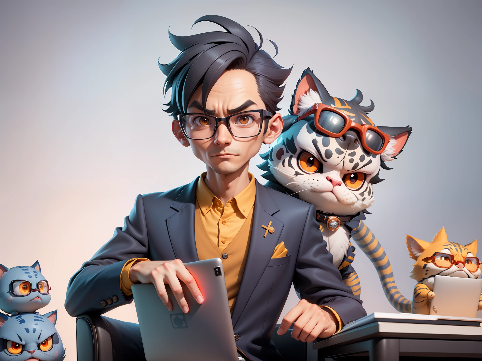 A young man in a suit, Short hair and glasses sat at his desk,holding laptop,digitial painting,tigre,3D character design by Mark Clairen and Pixar and Hayao Miyazaki and Akira Toriyama,4K HD illustration,Very detailed facial features and cartoon-style visuals。