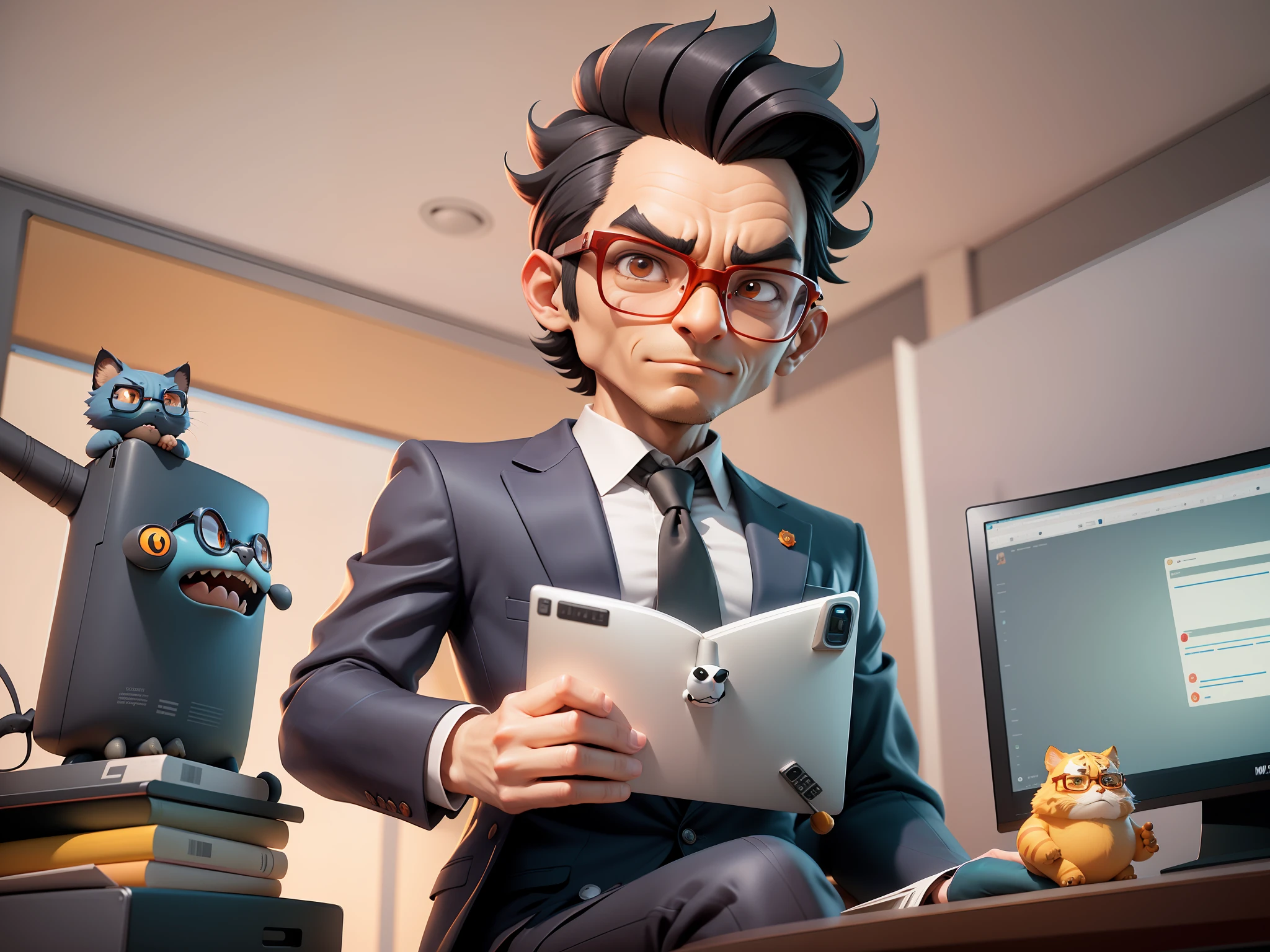 A young man in a suit, Short hair and glasses sat at his desk,holding laptop,digitial painting,tigre,3D character design by Mark Clairen and Pixar and Hayao Miyazaki and Akira Toriyama,4K HD illustration,Very detailed facial features and cartoon-style visuals。