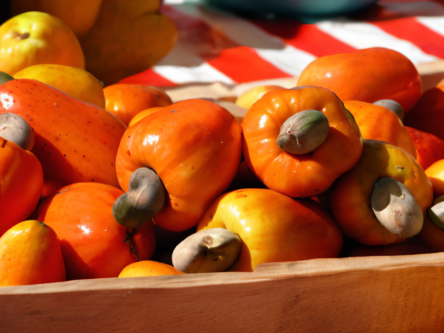 There are many fruits that are in a wooden box, Fruit, 3 4 5 3 1, version 3, 4 0 9 6, comer frutas, Brasil, frutas tropicais, uma madeira, Meio-dia, effortless, noz, cena vibrante, caju, imagem impressionante, um colorido, delicioso, elaborate composition, Cornucopia, colheita