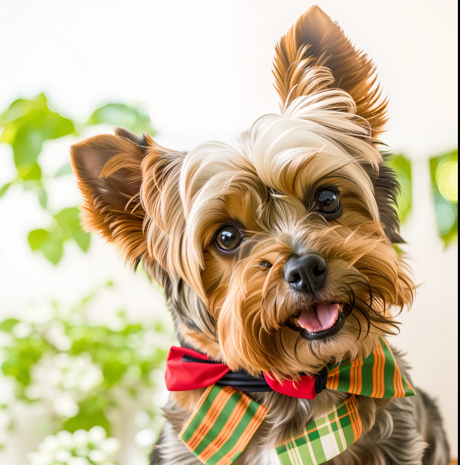 alta resolução, retrato, obra perfeita, fotorrealista, ultra realista 8k, cinemactic, obra prima, There is a small Yorkshire terrier dog wearing a bow tie and a polo shirt, boy:2, sorrindo, a Sympathetic, aw, Friendly Dog, very Nice, Friendly Dog Kawaii, he‘s wearing a red neckerchief, papel de parede!, bowtie, retrato!!, Miko, Feliz!!!, Foto retrato, Colo, majo, aw, Nice boy, super adorable
