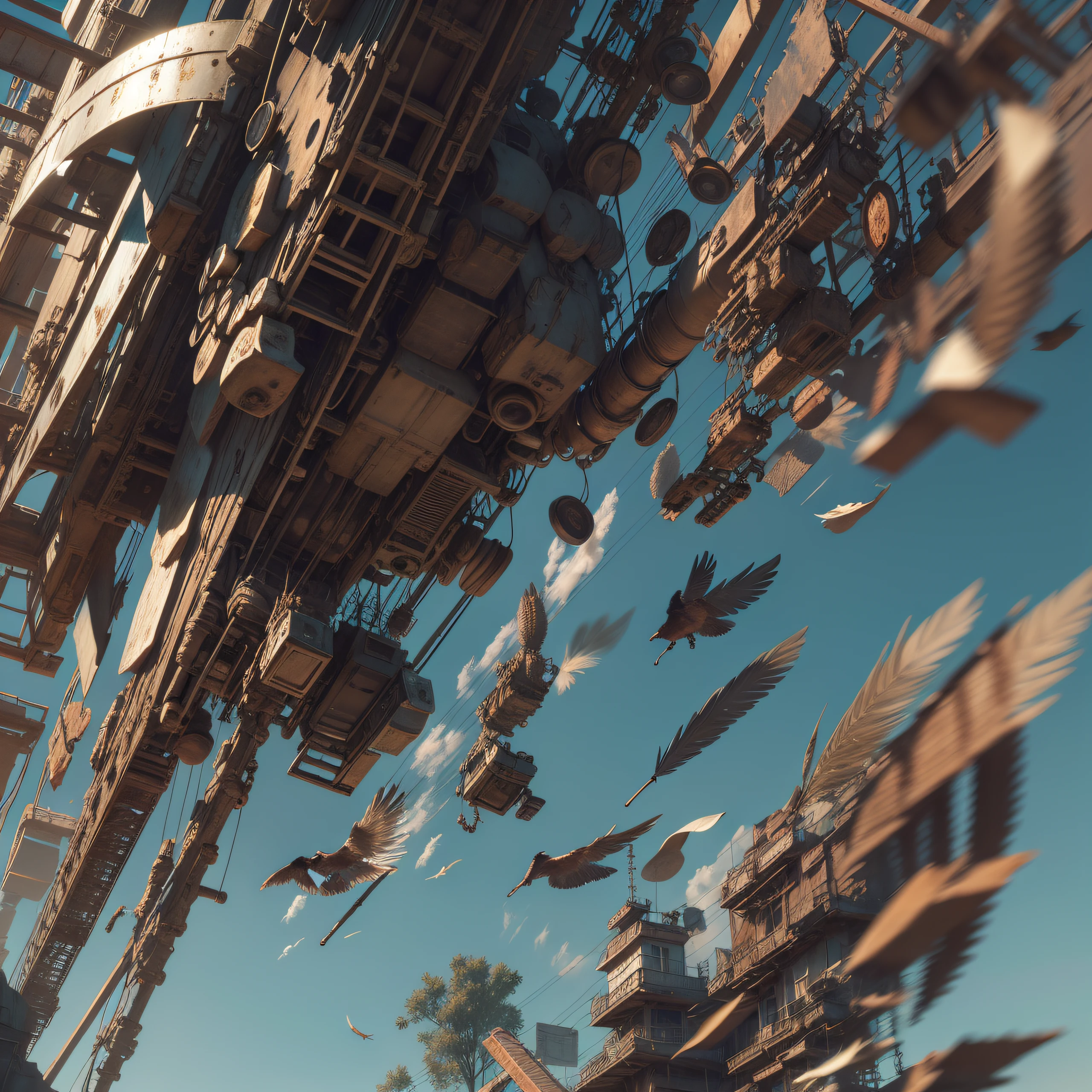 a heavily distorted, fading late morning clear sky, a singular object comprised of contorted feathers/machinery/pipes/rusted components is floating in the air, extra detail, 4kHD details, best resolution, surrealistic composition, extreme camera angle, motion blur, depth of field, foreshortening, tilted camera angle, cinematic lighting, movie scene