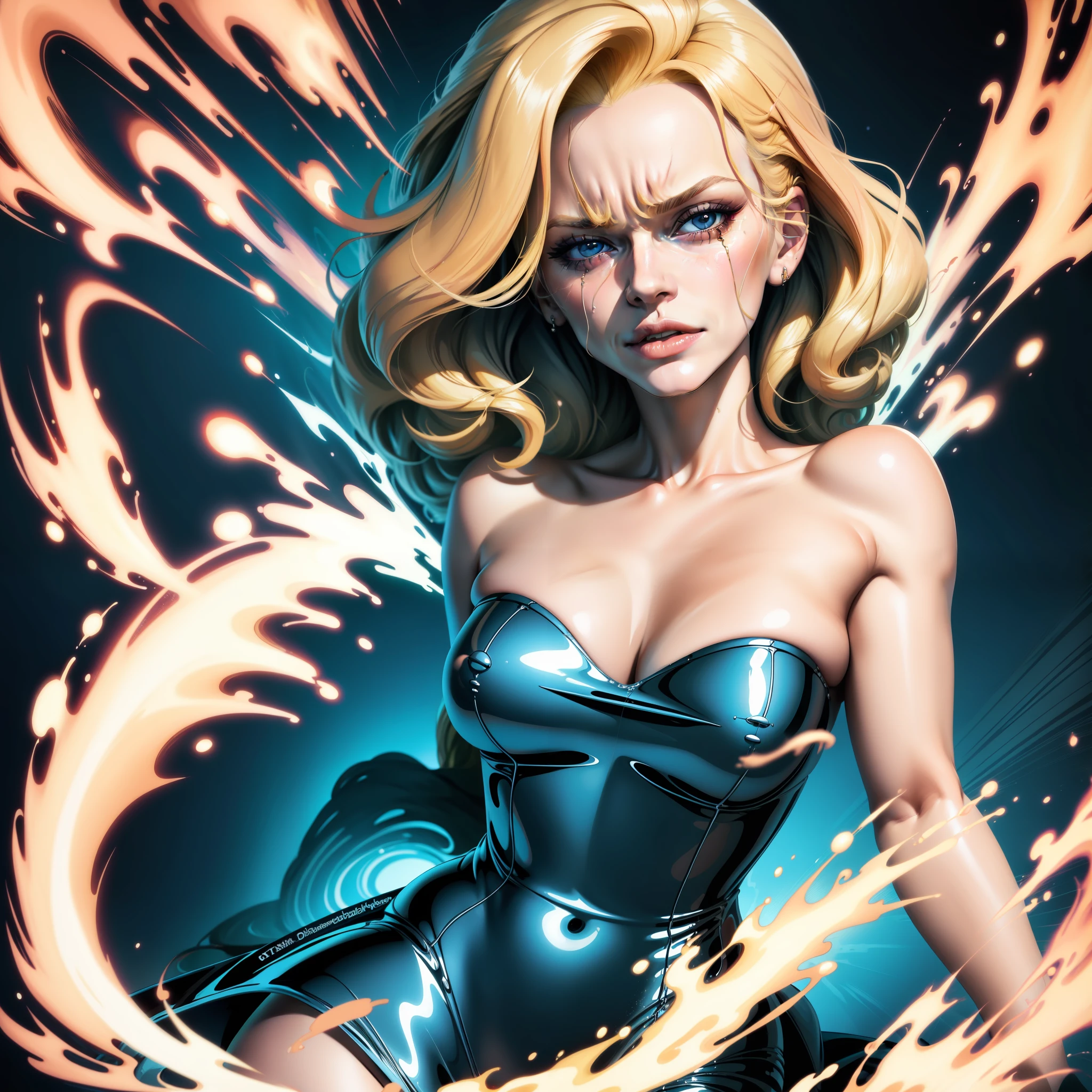 Milla Jovovichi, Best quality, cartoonish stylized portrait, (hyperdetail:1.15), (soft light, sharpness:1.2), Action pose, action shot, (delirium) chaotic storm of liquid smoke,