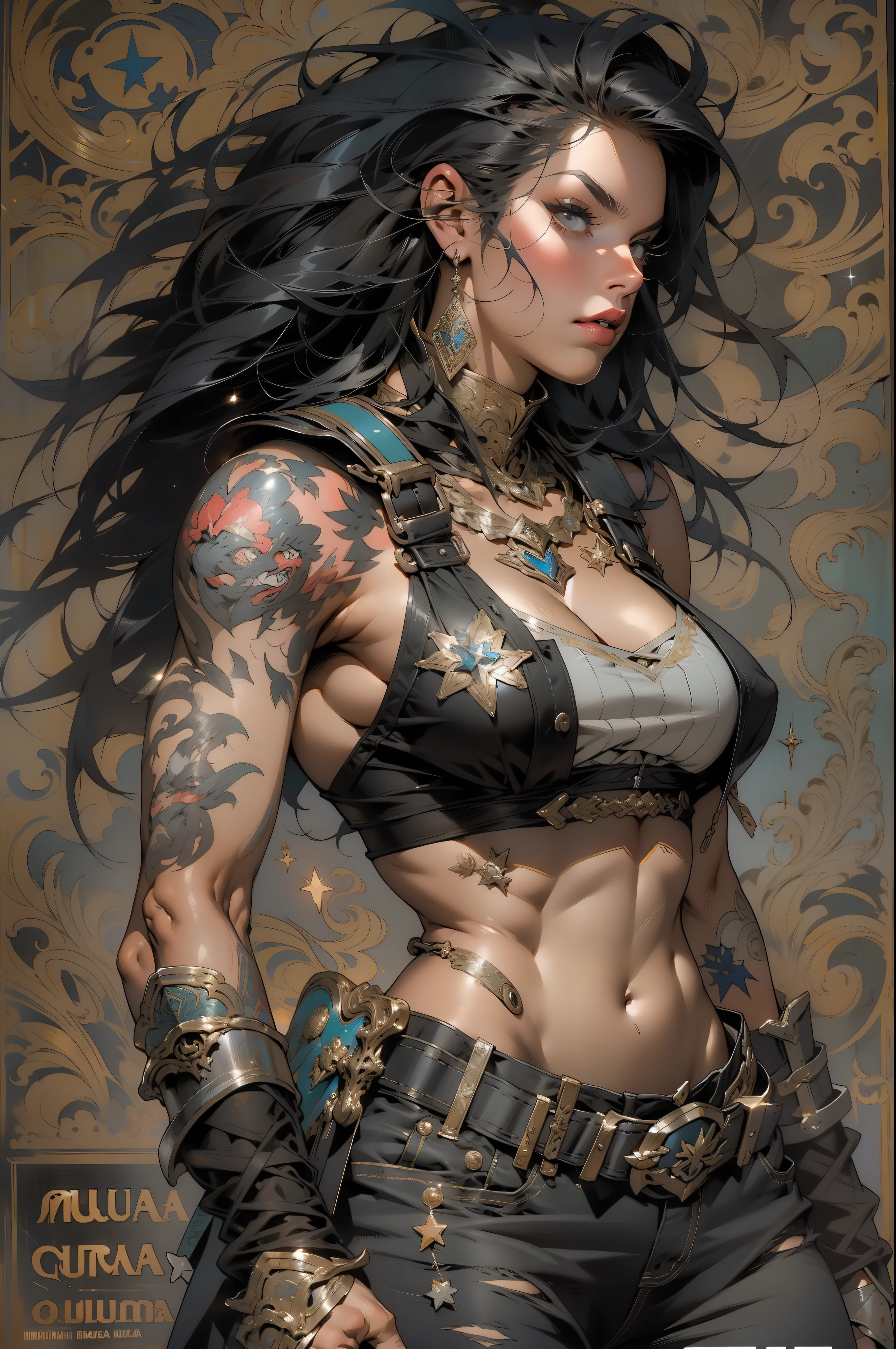 (((mulher))), (((melhor qualidade))), (((obra prima))), (((adulta))), Uma guerreira mulher de 35 anos musculosa corpo perfeito, She-Lobo, quase nua no estilo selvagem urbano de Simon Bisley para a capa da revista Heavy Metal, cabelo loiro, Minimum clothing, armadura (vermelho escuro com estrelas brancas), cheio de pontas e rebites manchadas de tinta, tatuagem de estrelas de 5 pontas, (((corpo inteiro))), cabelo preto curto com franja branca cobrindo a testa
