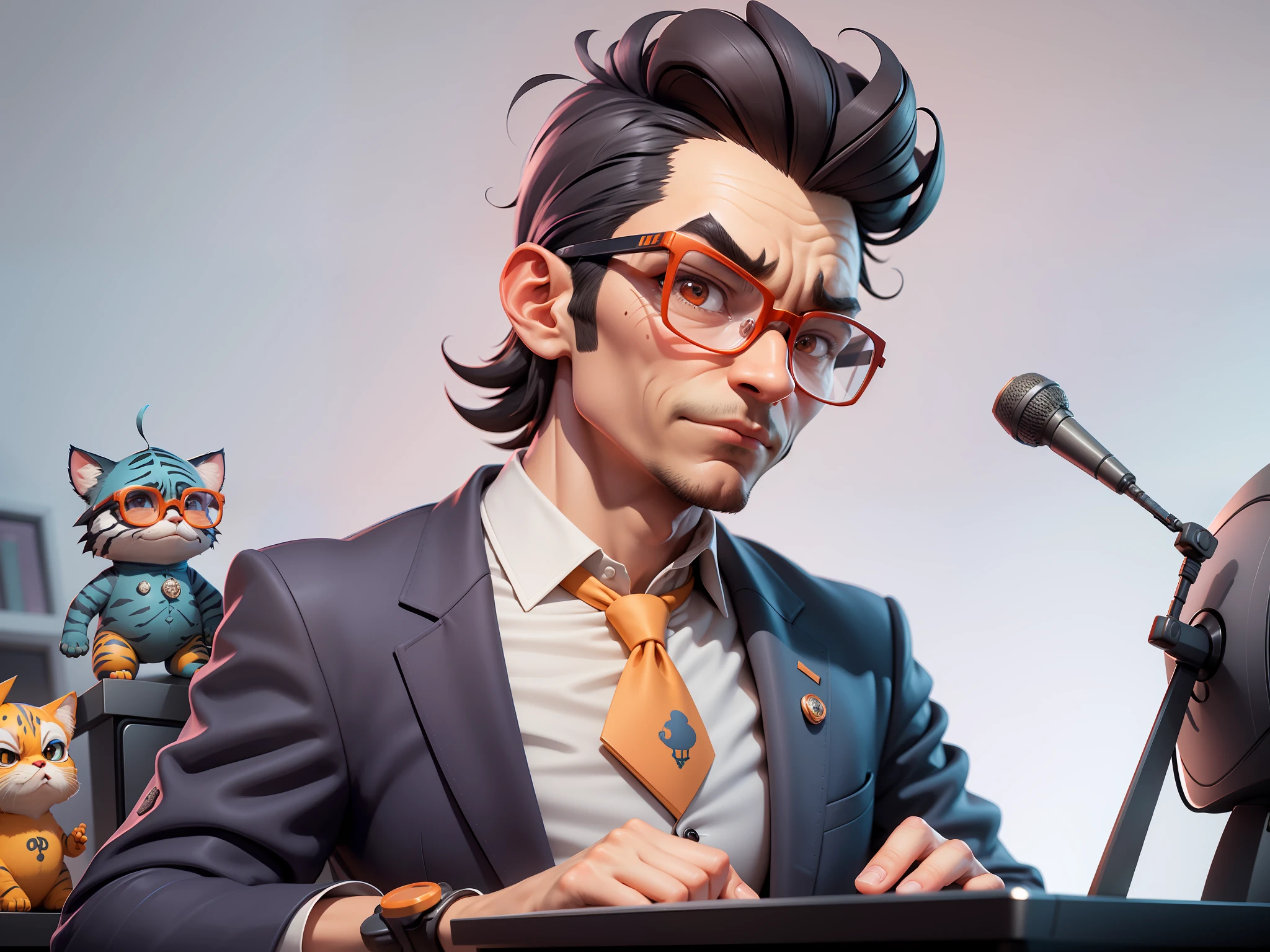A young man in a suit, Short hair and glasses sat at his desk,holding laptop,digitial painting,tigre,3D character design by Mark Clairen and Pixar and Hayao Miyazaki and Akira Toriyama,4K HD illustration,Very detailed facial features and cartoon-style visuals。