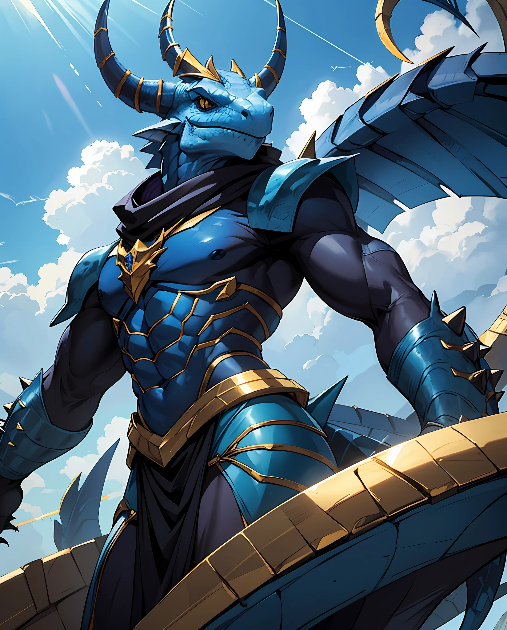 Anthropomorphic Lizard, blue and white scales, blue scaled tail tipped with black, blue spiked horns tipped with gold, long blue ragged scarf, black claws, golden membranes for gliding through the sky, masterpiece, best quality