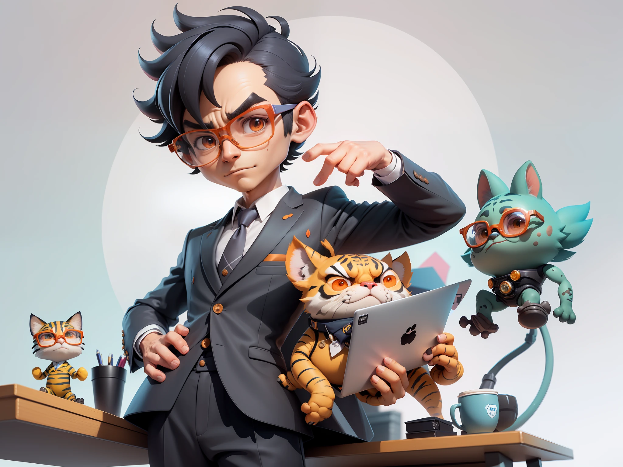 A young man in a suit, Short hair and glasses sat at his desk,holding laptop,digitial painting,tigre,3D character design by Mark Clairen and Pixar and Hayao Miyazaki and Akira Toriyama,4K HD illustration,Very detailed facial features and cartoon-style visuals。