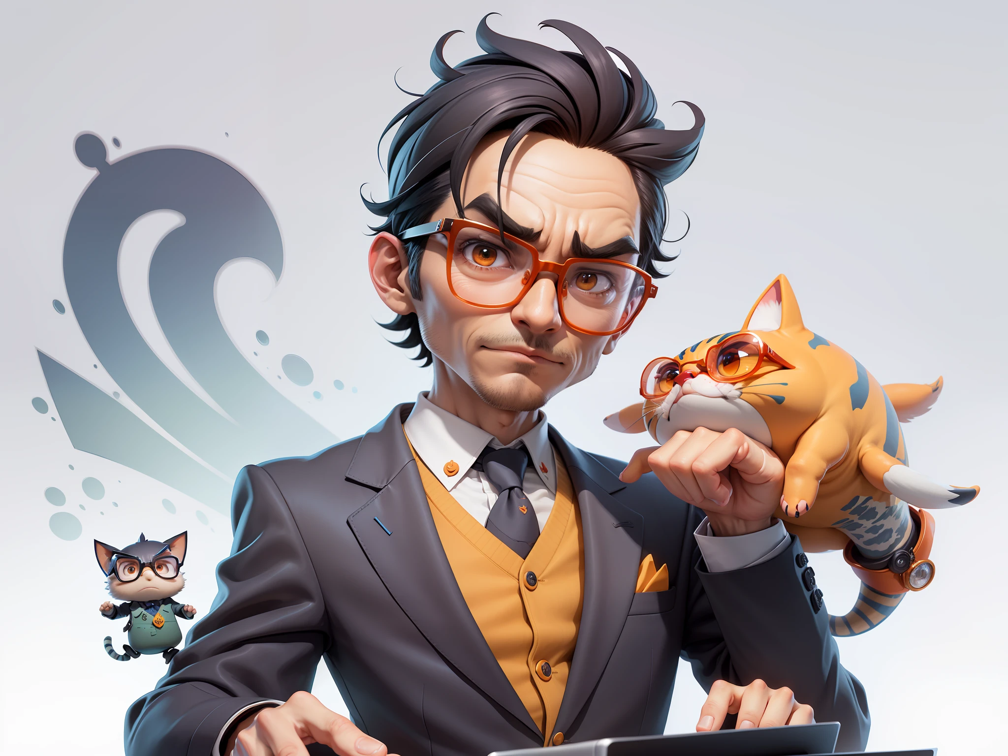 A young man in a suit, Short hair and glasses sat at his desk，holding laptop，digitial painting，tigre，3D character design by Mark Clairen and Pixar and Hayao Miyazaki and Akira Toriyama，4K HD illustration，Very detailed facial features and cartoon-style visuals。