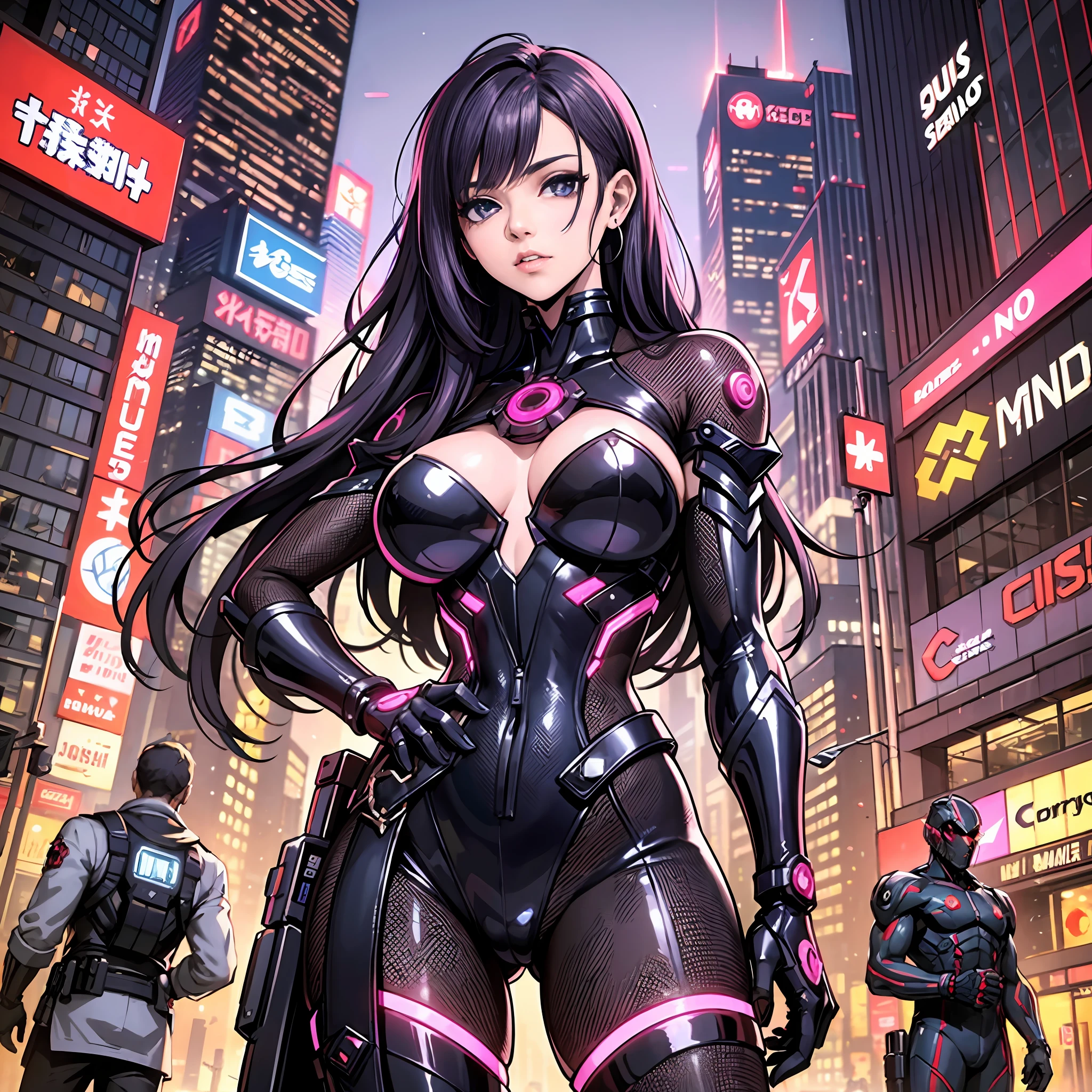 Mundo cyberpunk ,(1garota),cabelos brancos com mechas lilais,roupas de academia pretas ,decotes,casaco roxo grande,seios grandes, retrato,corpo perfeito, anatomia perfeito,standingn,rua cyberpunk