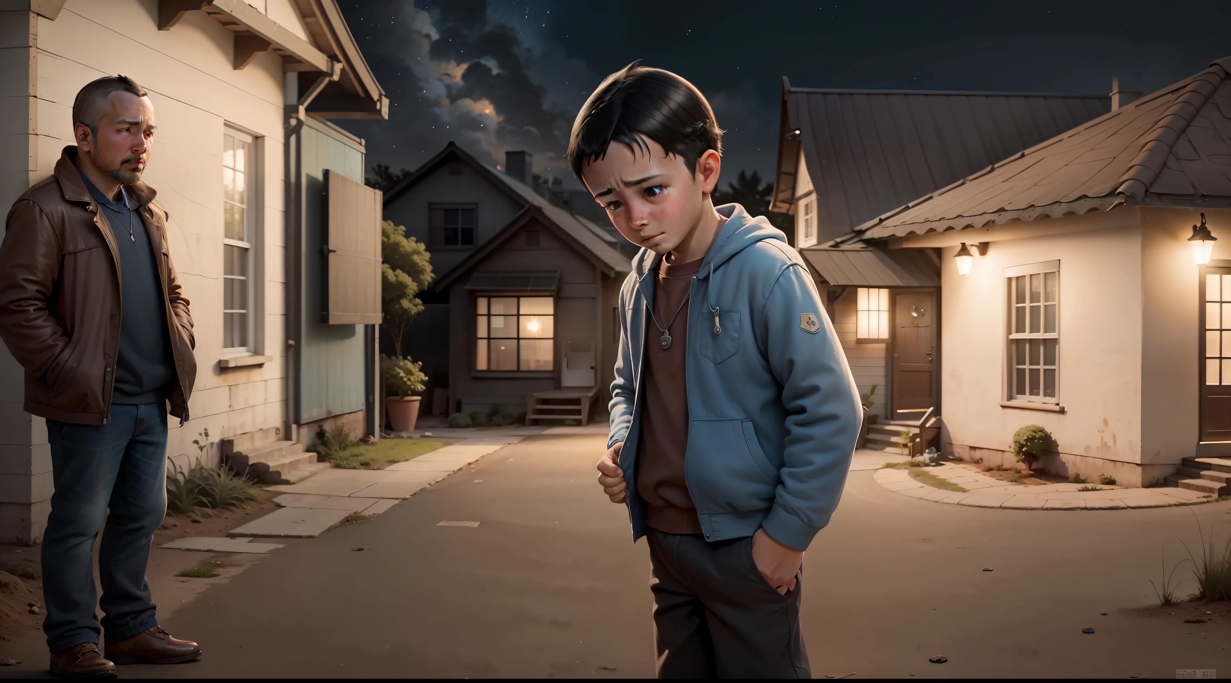 sad 5 year old boy crying in front of a poor house, next to the boy is a 30 year old man (the boy's father) with a blue suitcase in his hand, natural light, night, high quality image, ultra realistic, natural daylight, ultra realistic texture, front image of the house, night, stars