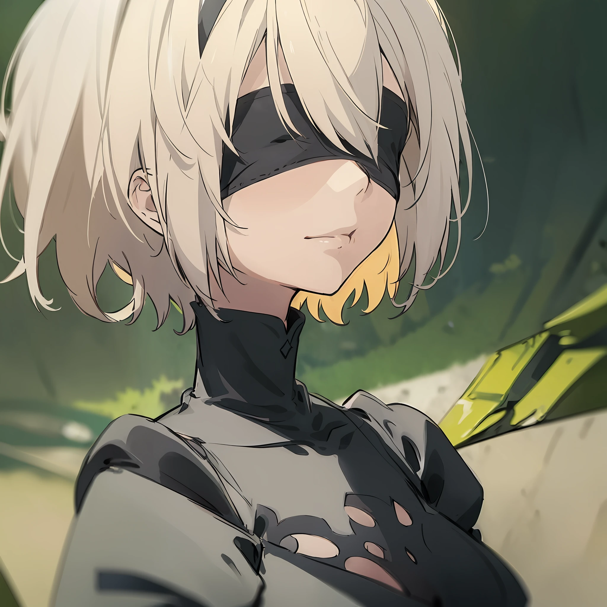 Anime girl with blonde hair and black eye mask standing in front of a green plant, 2B Nier Automata, Still from the movie 2B Nier Automata, 2 b, 2b, Disallow autoamata, best anime 4k konachan wallpaper, 2 B от Nier Automata, Nier 2 B, 2b by Nier Automata