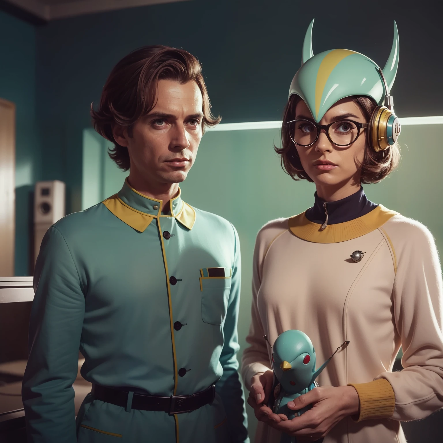 4k image of a 1960s science fiction film by Wes Anderson, pastels colors, Man with bird mask and a mechanical pet, Retro-futuristic fashion clothes from the 60s with alien ornaments, Luz Natural, Psicodelia, futurista estranho, retro-futurista, photo-realistic, Sharp background details.