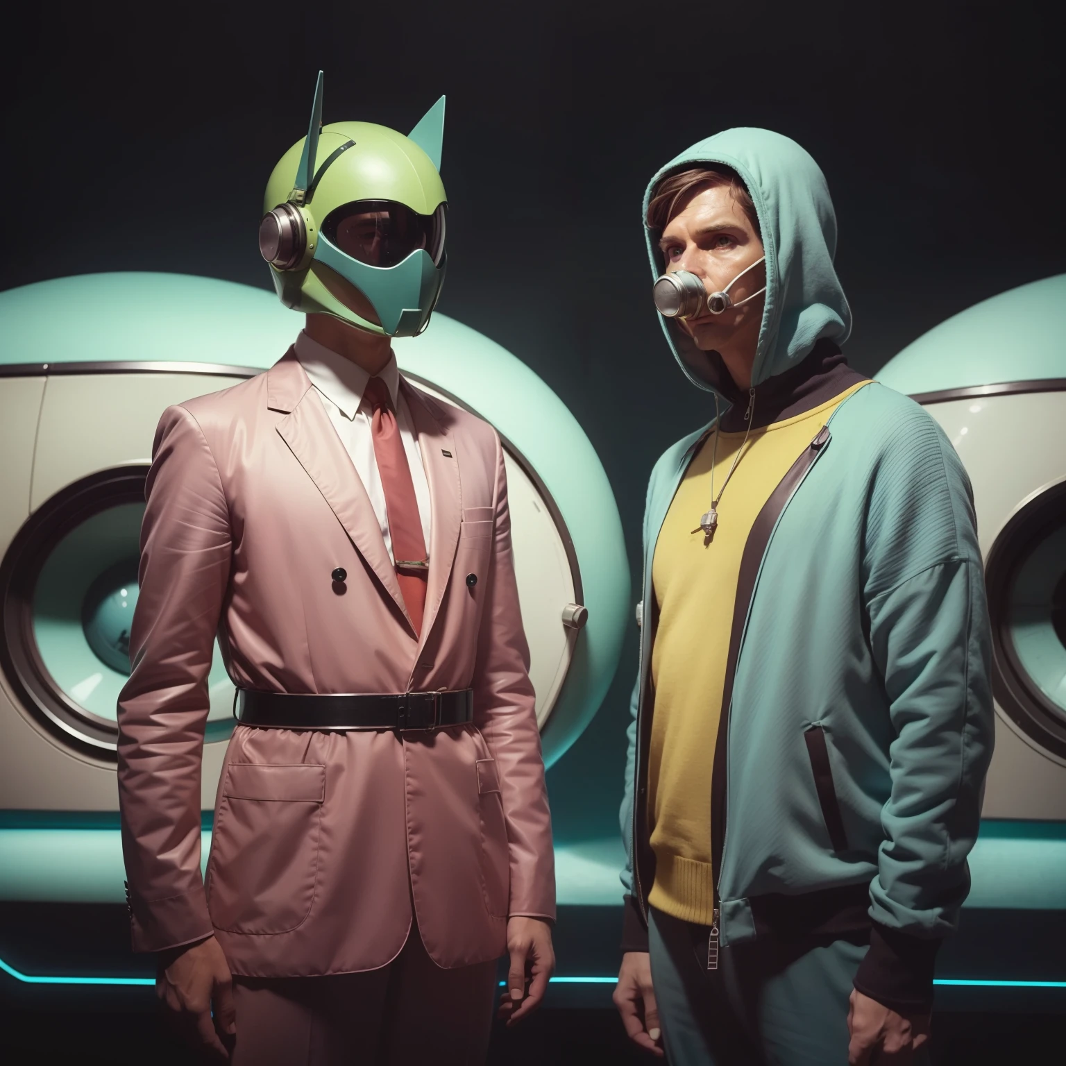 4k image of a 1960s science fiction film by Wes Anderson, pastels colors, Man with bird mask and a mechanical pet, Retro-futuristic fashion clothes from the 60s with alien ornaments, Luz Natural, Psicodelia, futurista estranho, retro-futurista, photo-realistic, Sharp background details.