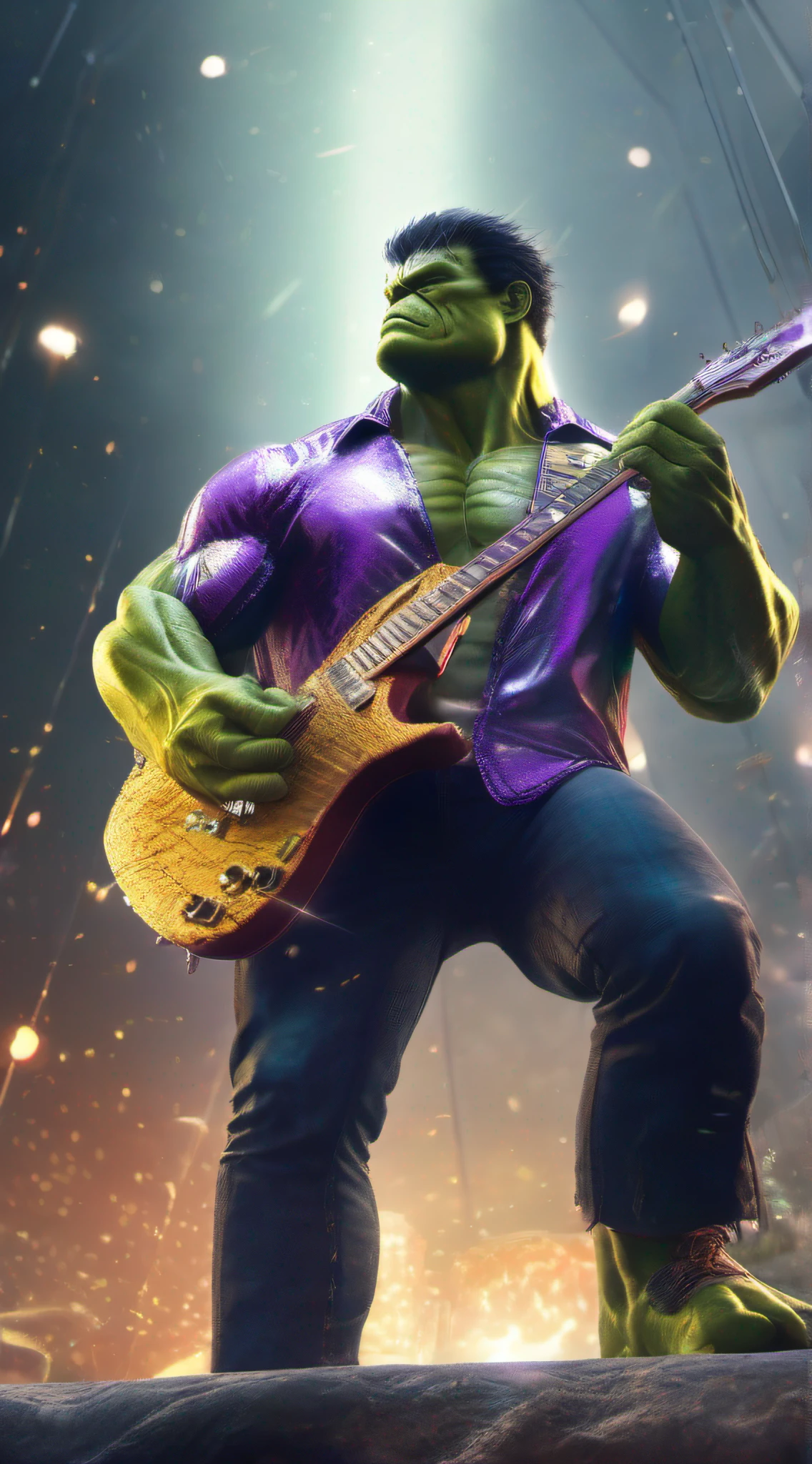 A rockstar made of hulk with aura burst and playing rock guitar highly detailed intricated concept art trending artstation 8k hyper realistic