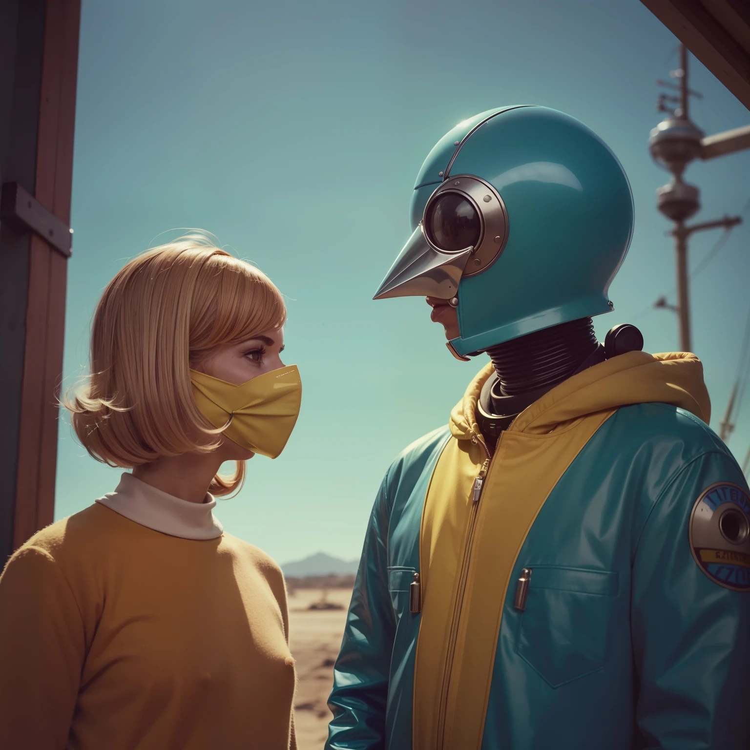 4k image of a 1960s science fiction film by Wes Anderson, pastels colors, Man with bird mask and a mechanical pet, Retro-futuristic fashion clothes from the 60s with alien ornaments, Luz Natural, Psicodelia, futurista estranho, retro-futurista, photo-realistic, Sharp background details.