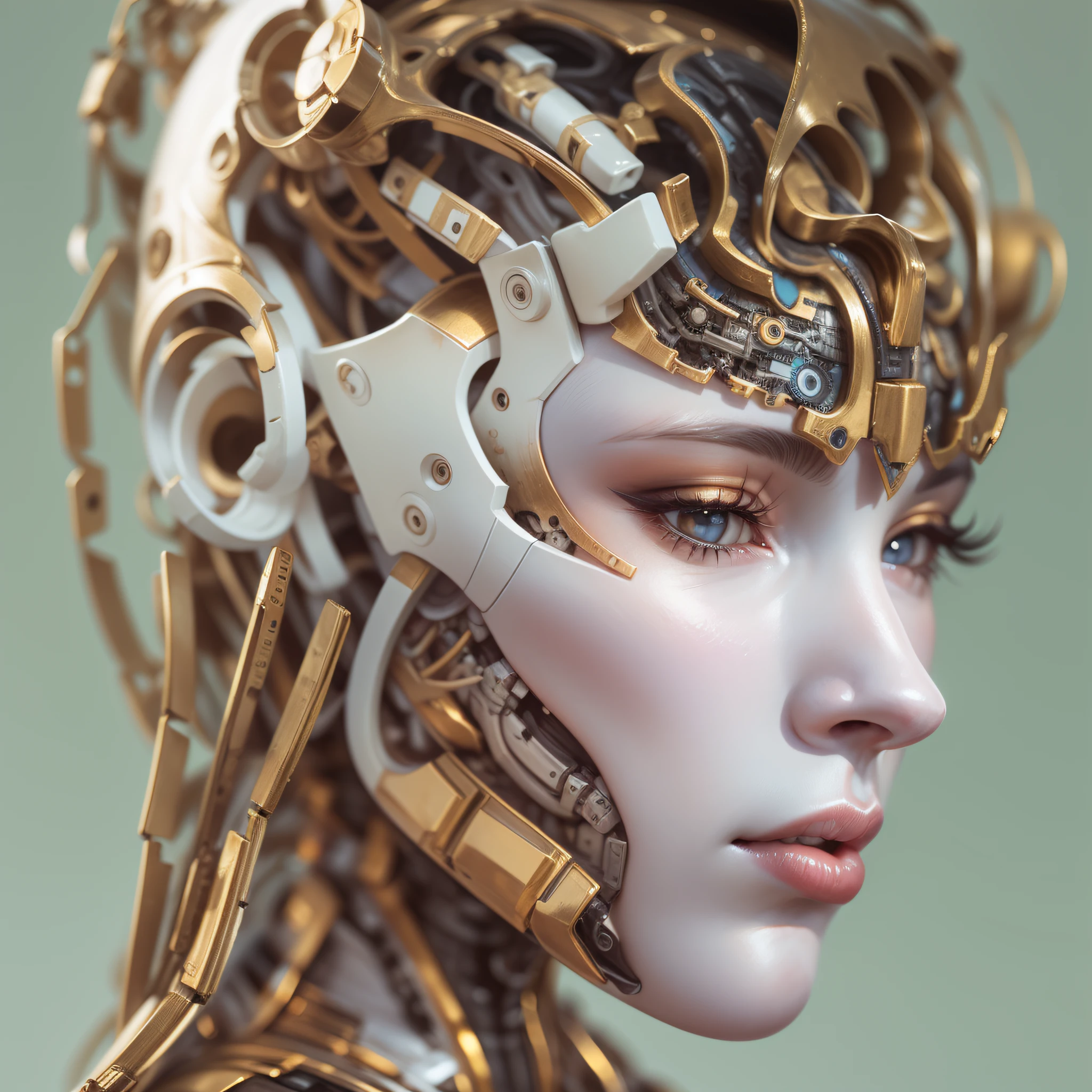 un_hermoso rostro de_porcelana_mujer, ((cuerpo_completo)) , androide, cyborg , partes roboticas. en oro.