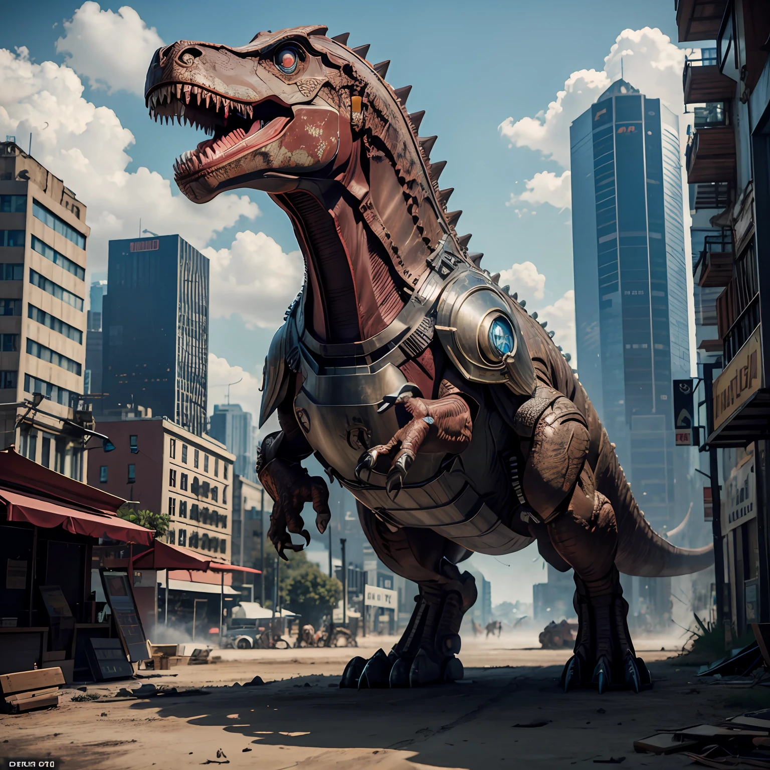 dinosaur rex, iron man armor, detailed, realistic, in a devastated new iroquo city, photorealistic