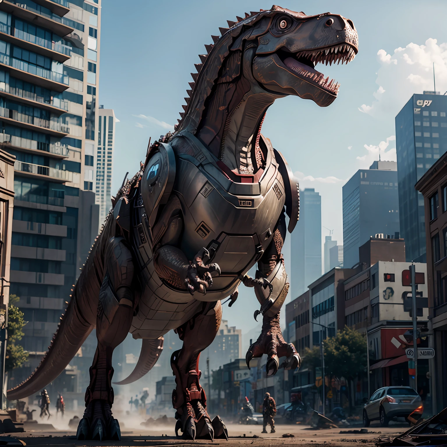 dinosaur rex, iron man armor, detailed, realistic, in a devastated new iroquo city, photorealistic