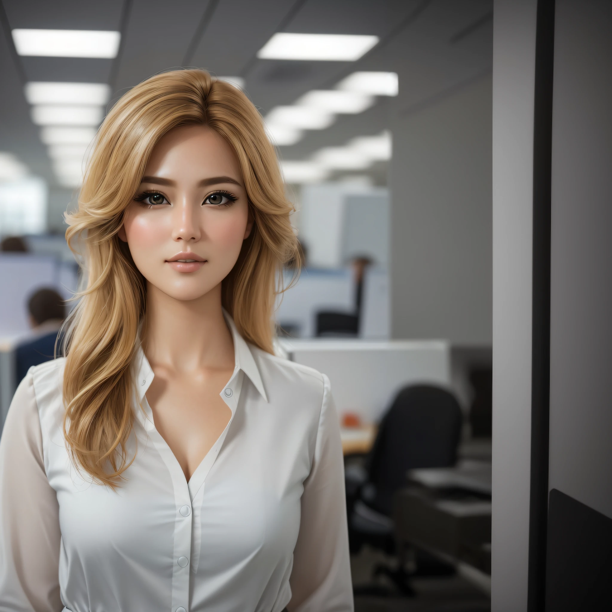 Blonde woman in white shirt posing in office cubicle, Hermoso rostro fotorrealista, Persona realista, Hermosa cara realista, Render fotorrealista de Anime Girl, Cara hermosa realista, Renderizado retrato 8K, Realistic face-body hybrid, Hermosa mujer rubia, Foto de retrato realista, Rubio y rasgos atractivos, Retrato femenino realista, Hermosa modelo femenina, Cara hermosa hiperrealista, cabello rubio y ojos grandes