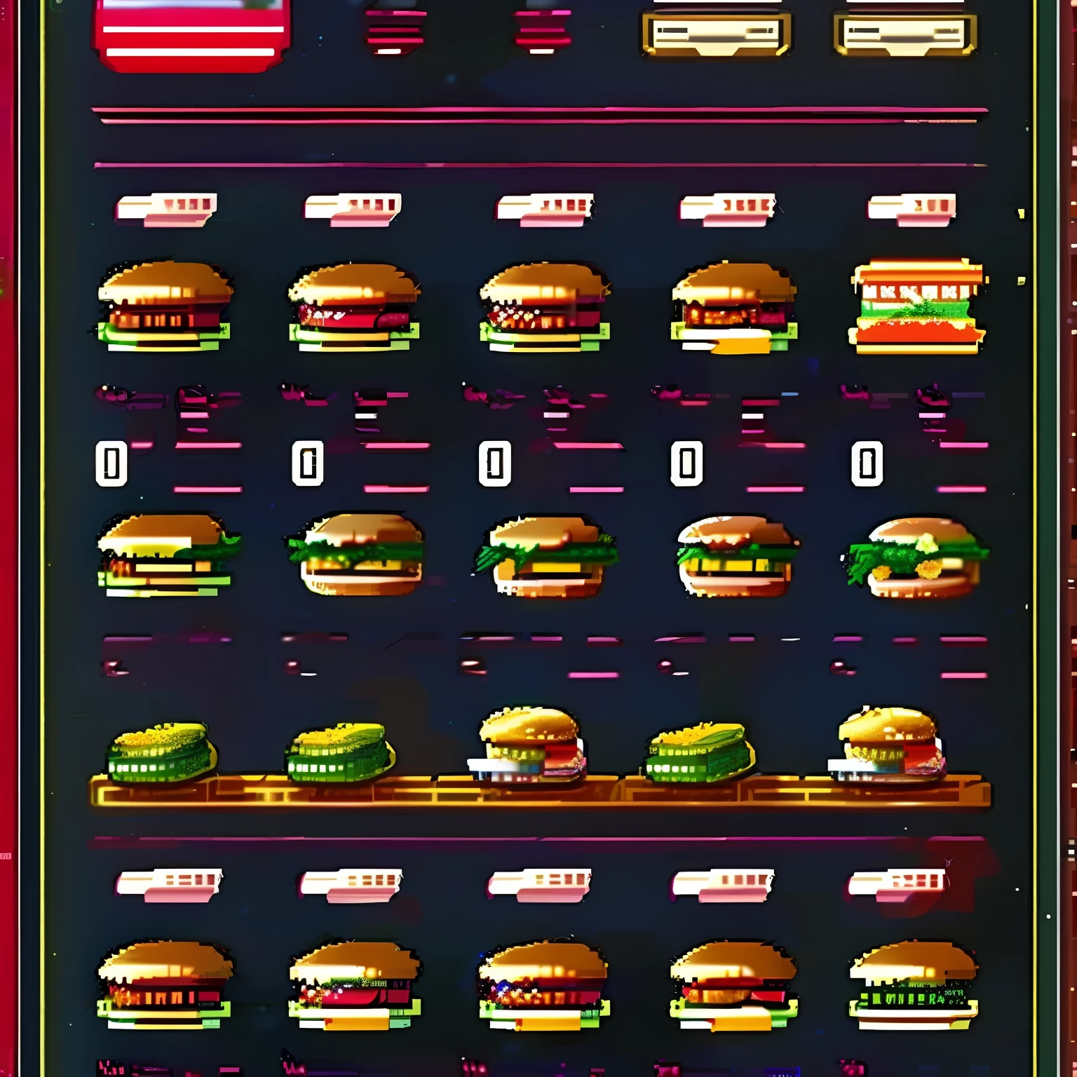 (Menu de um restaurante hamburgueria retro:1) ,estilo pixelart.