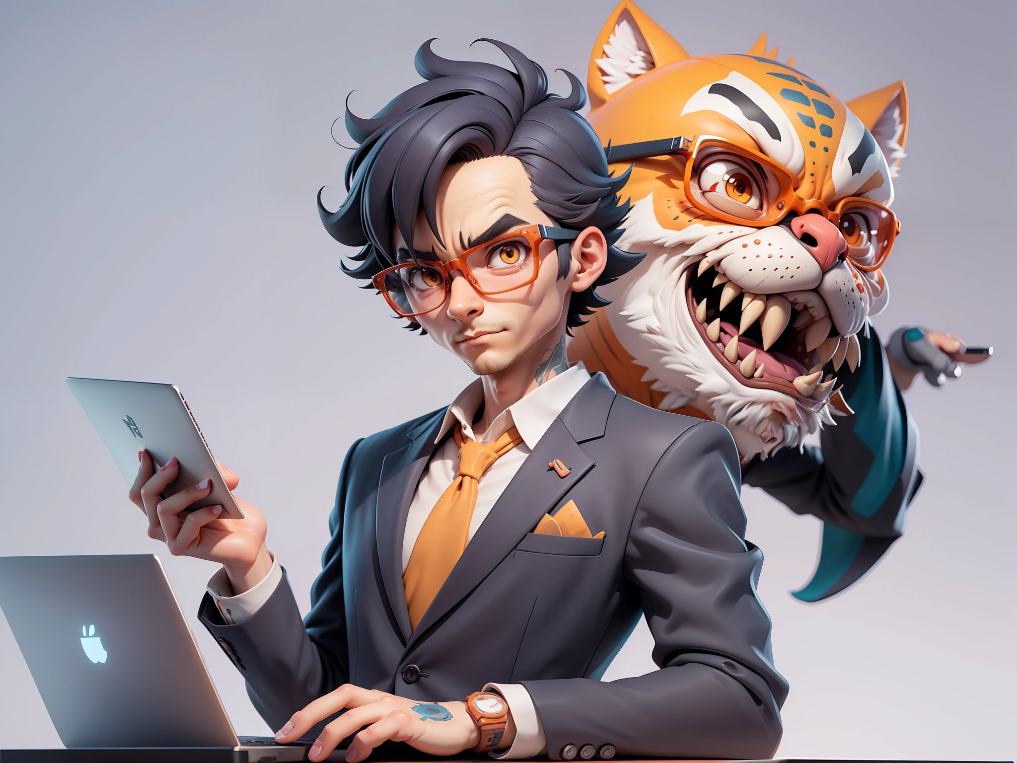 A young man in a suit, Short hair and glasses sat at his desk,holding laptop,digitial painting,tigre,3D character design by Mark Clairen and Pixar and Hayao Miyazaki and Akira Toriyama,4K HD illustration,Very detailed facial features and cartoon-style visuals。