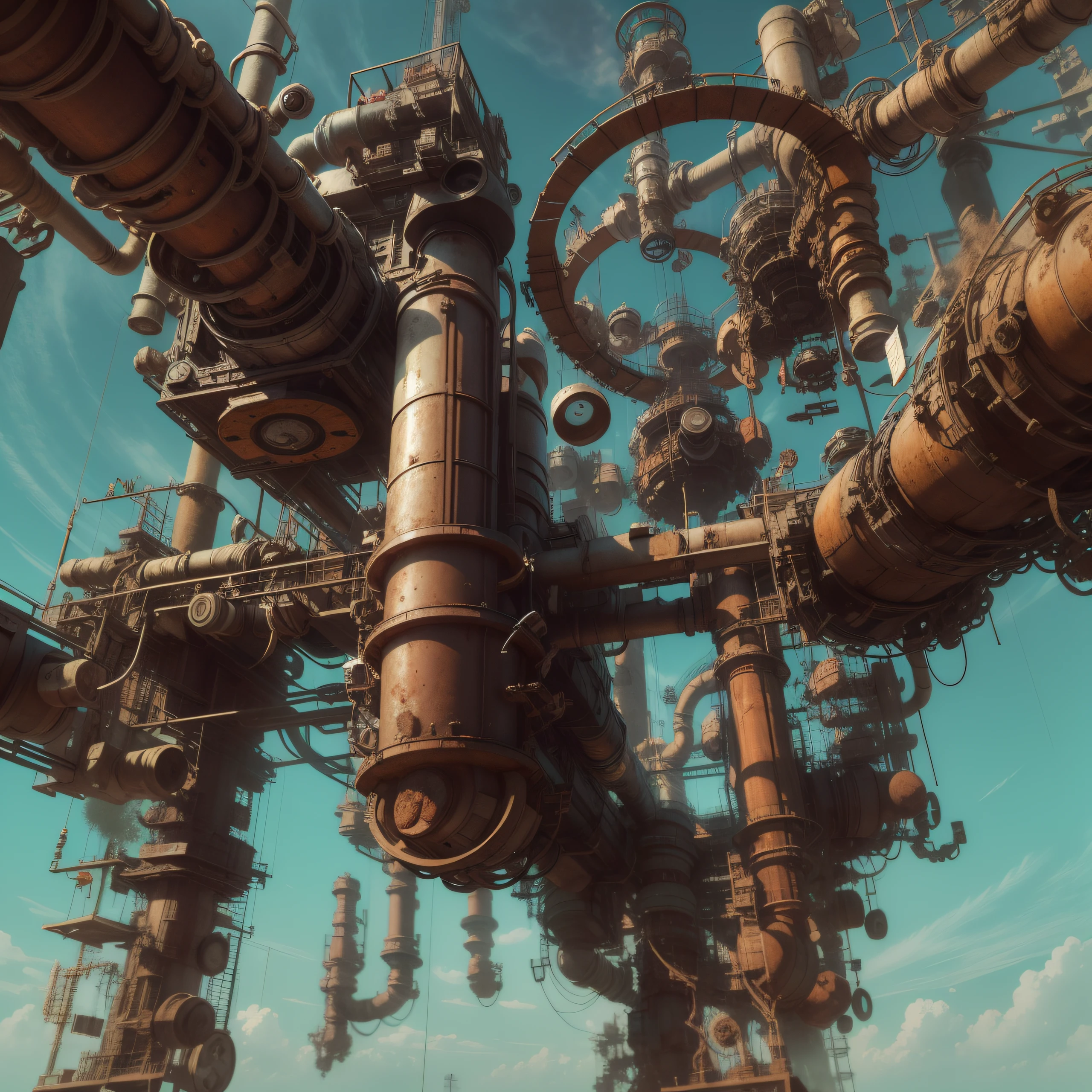 a heavily distorted, fading late morning clear sky, a singular object comprised of contorted machinery/pipes/rusted components is floating in the air, extra detail, 4kHD details, best resolution, surrealistic composition, extreme camera angle, motion blur, depth of field, foreshortening, tilted camera angle, cinematic lighting, movie scene