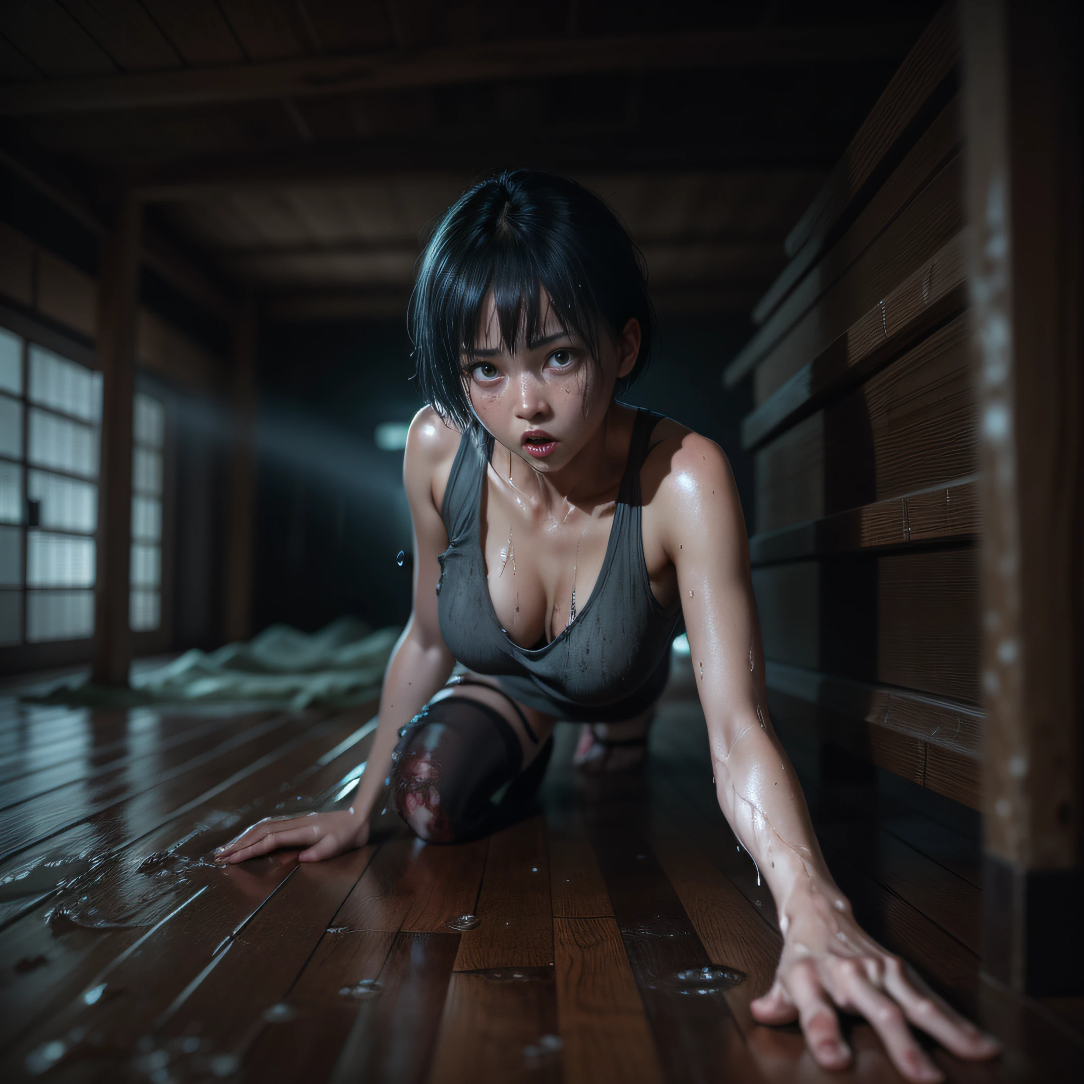 cinematic horror long view angle of a young beautiful Japanese woman that is laying on the floor, under a table, on a rough wooden dungeon table, hiding, terrified, scary pose, frightened look, looking sides, soaked wet, dark wet Japanese room, wearing thin strapped sleeveless shirt, very short hair, hyper realistic female soft skin, wet skin, hyper realistic female body, Hyper realistic manga style, high quality, fitted legs, very detailed female anatomy, hyper realistic hands anatomy, veins, 4k resolution, crawling, horror photo, still from Japanese horror movie, film still from a horror movie.