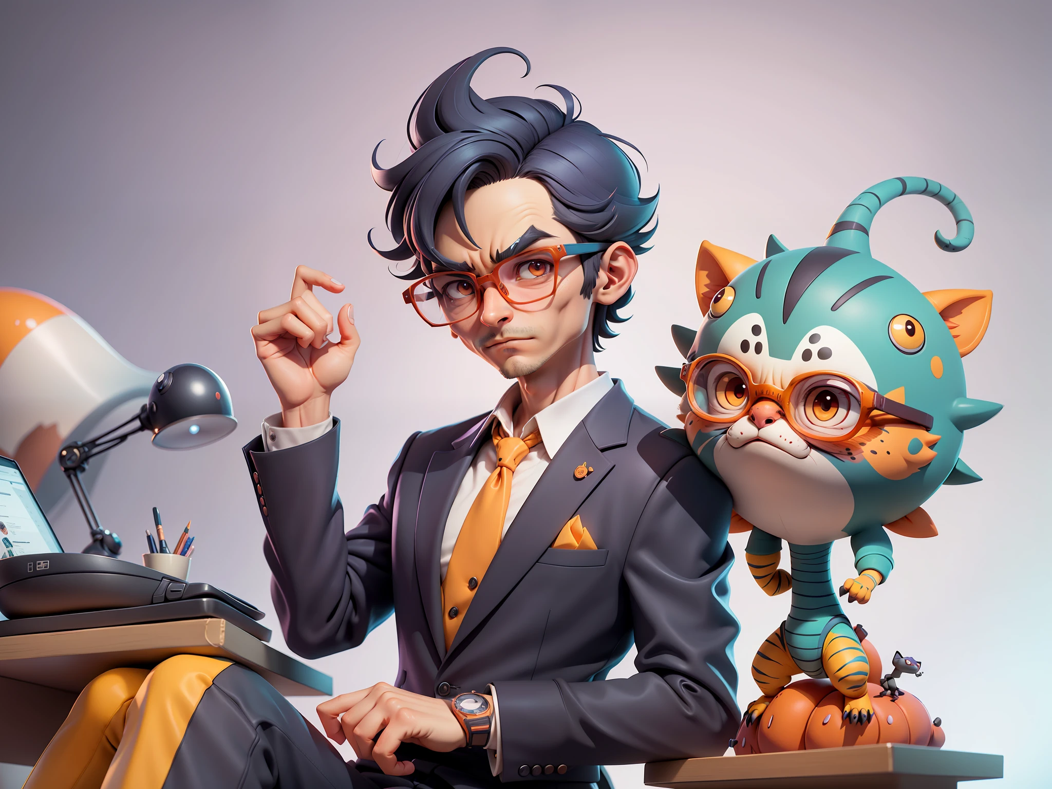 A young man in a suit, Short hair and glasses sat at his desk,holding laptop,digitial painting,tigre,3D character design by Mark Clairen and Pixar and Hayao Miyazaki and Akira Toriyama,4K HD illustration,Very detailed facial features and cartoon-style visuals。