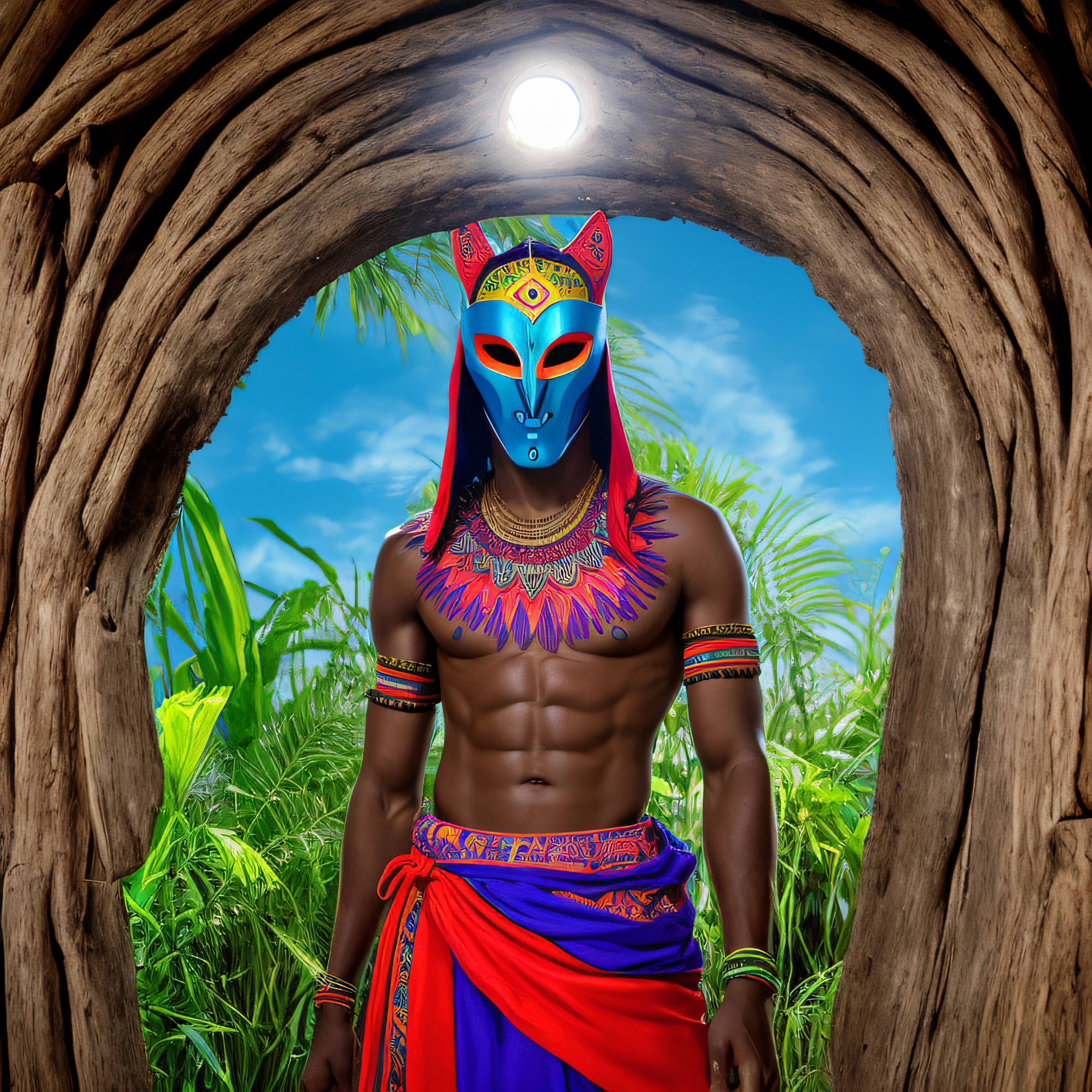 Grace Jones como foco da imagem, em tamanho gigante, rosto perfeito, Diabolical face, vestindo um colant vermelho com chifres, pintura tribal branca pelo corpo, olhos amarelos, cajado verde iluminado, Ethnic High Jump, Grace Jones dentro da casa de madeira, Deus africano vestido como um diabo tribal, Deus africano na floresta, homem mascarado e musculoso, homem mascarado com asas, roupa pink, color premínio, roxo, azul turquesa, amarelo e prata, fundo composto por quarto de madeira com porta aberta para uma floresta iluminada pela luz da lua, tribal mask, mask covering eyes and mouth, colorful macara, straw mask, scary mask, WMASK, luas coloridas e cheias, starly sky, wooden house with ritualistic objects, voodoo, tree branches entering the wooden house through the door, casa de madeira pegando fofo, serpentes pelo ambiente, melhor qualidade, obra-prima, alta resolução, 8k, imagem hiper-realista, foto profissional, imagem realista, whole body view, Bottom-up angle, maos escondidas
