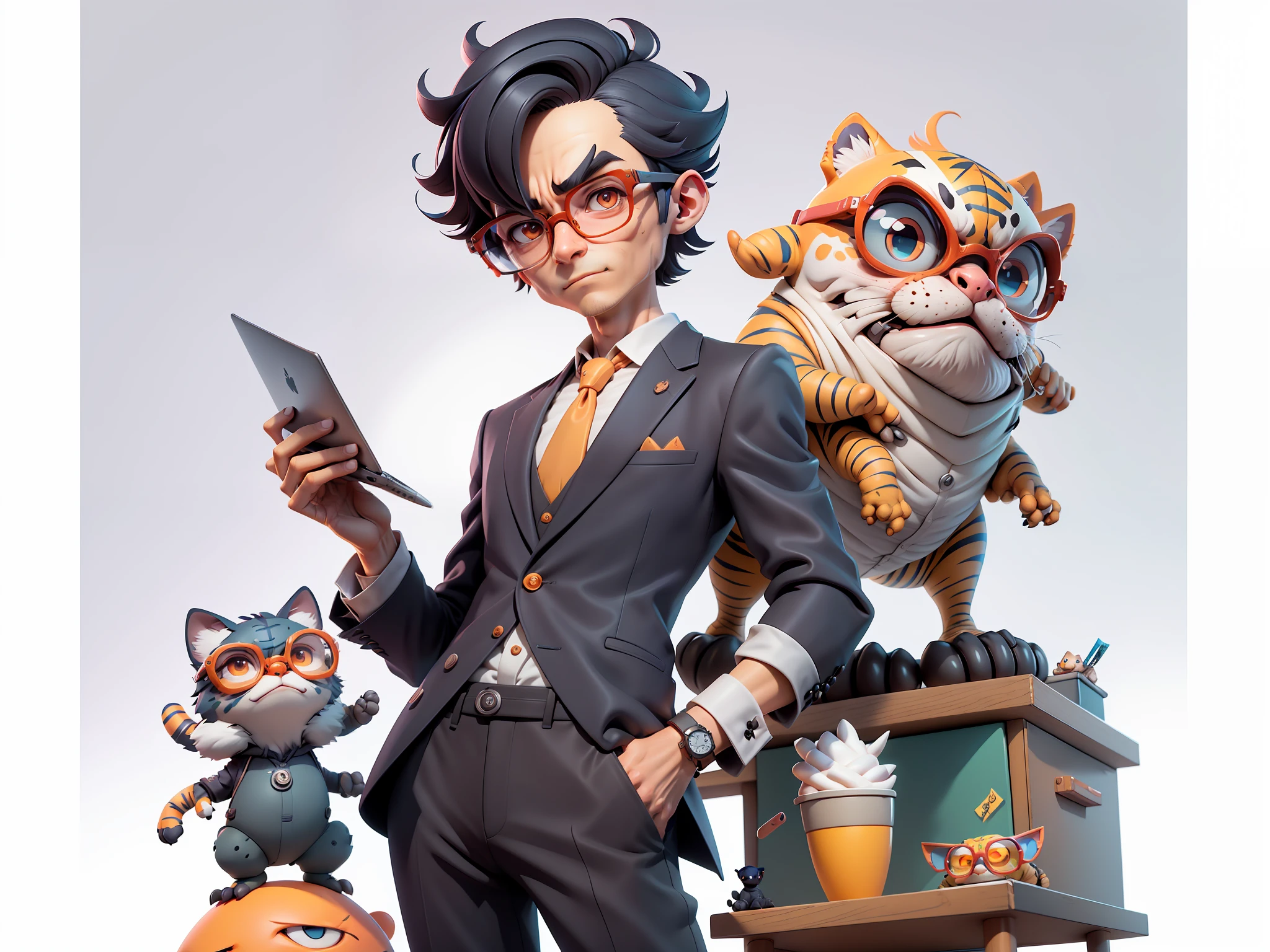 A young man in a suit, Short hair and glasses sat at his desk,holding laptop,digitial painting,tigre,3D character design by Mark Clairen and Pixar and Hayao Miyazaki and Akira Toriyama,4K HD illustration,Very detailed facial features and cartoon-style visuals。
