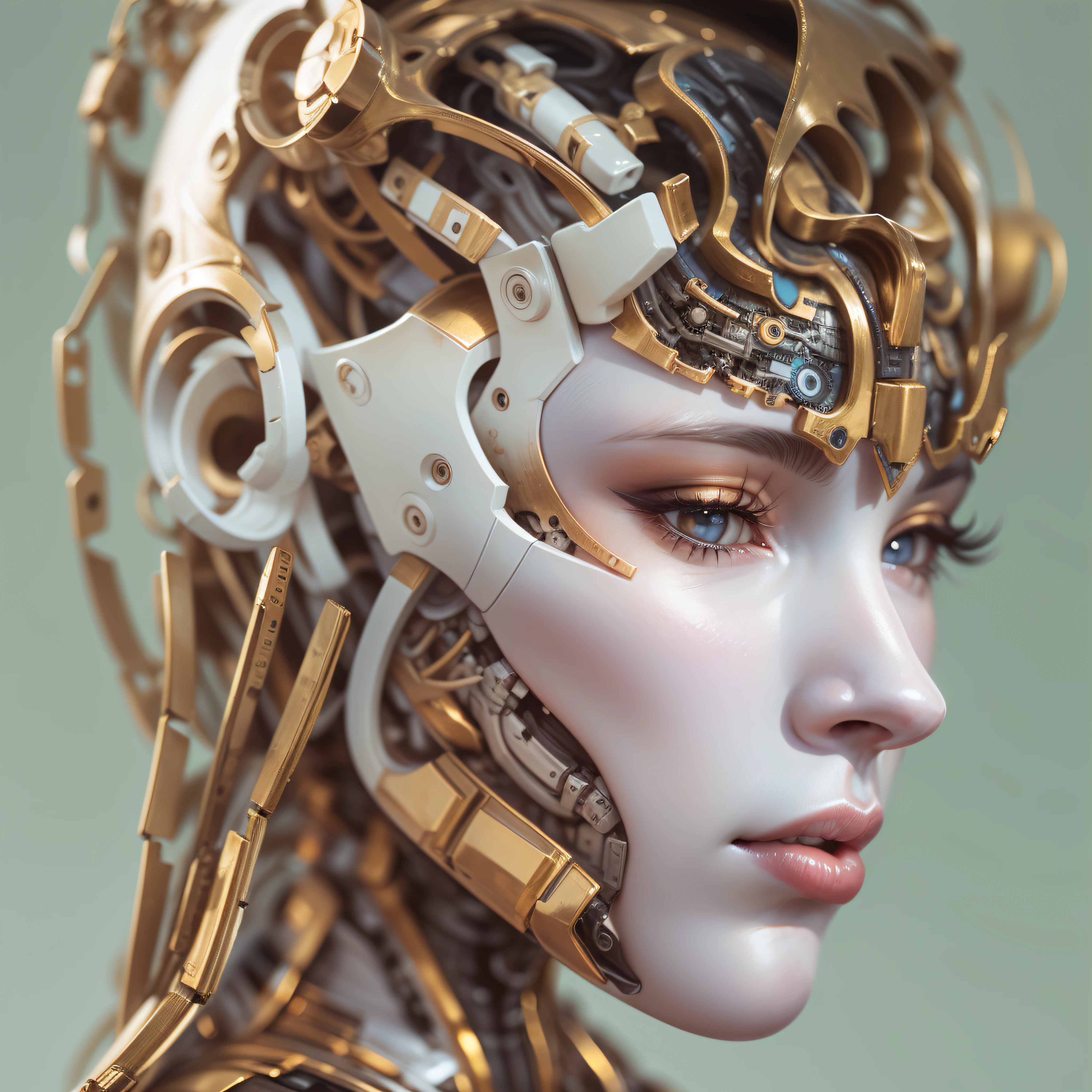 un_hermoso rostro de_porcelana_mujer, ((cuerpo_completo)) , androide, cyborg , partes roboticas. en oro.