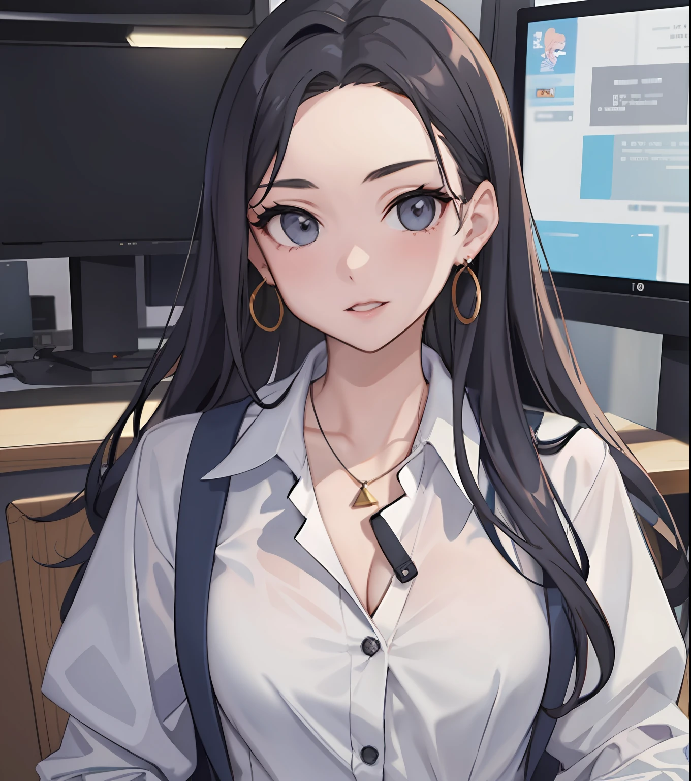"Portrait of Woman: Resembling Gina Valentina, Small Bust, Wears Modern Office Casual Wear in a Professional TV Studio Setting."
