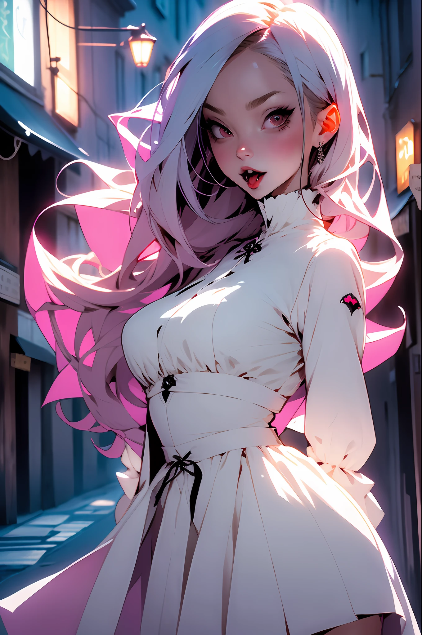 vampire girl showing the canines transparent bland dress showing her silhouette, niji --V5, close to real, psychopath, crazy face, sexy pose, 2 piece outfit, pastel, centered, scale to fit the dimensions, background of a narrow street at night