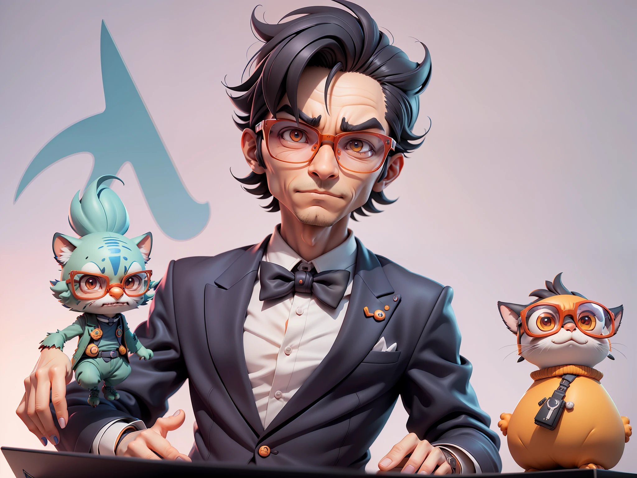 A young man in a suit, Short hair and glasses sat at his desk,holding laptop,digitial painting,tigre,3D character design by Mark Clairen and Pixar and Hayao Miyazaki and Akira Toriyama,4K HD illustration,Very detailed facial features and cartoon-style visuals。